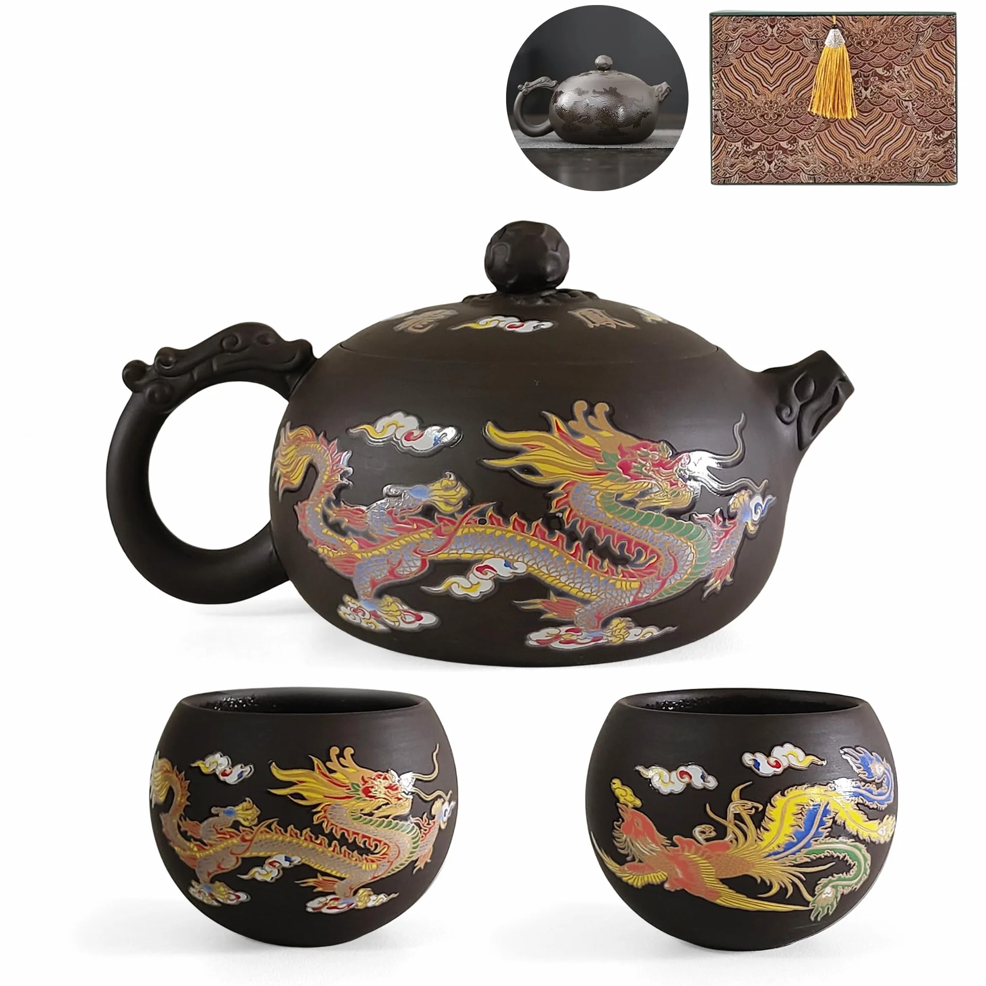 Set di Teiera Yixing Zisha 450ML, Teiera Cinese in Argilla Fatte a Mano con Scatola Regalo, Set da Tè Che Cambia Colore, Teapot Kung Fu con 2 Tazze, Drago e Fenice