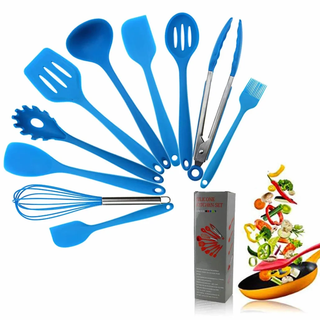 Hoshen, set di 10 utensili da cucina in silicone antiaderenti, 5 colori, stile 10 pezzi, spatola da cucina resistente al calore - Blu