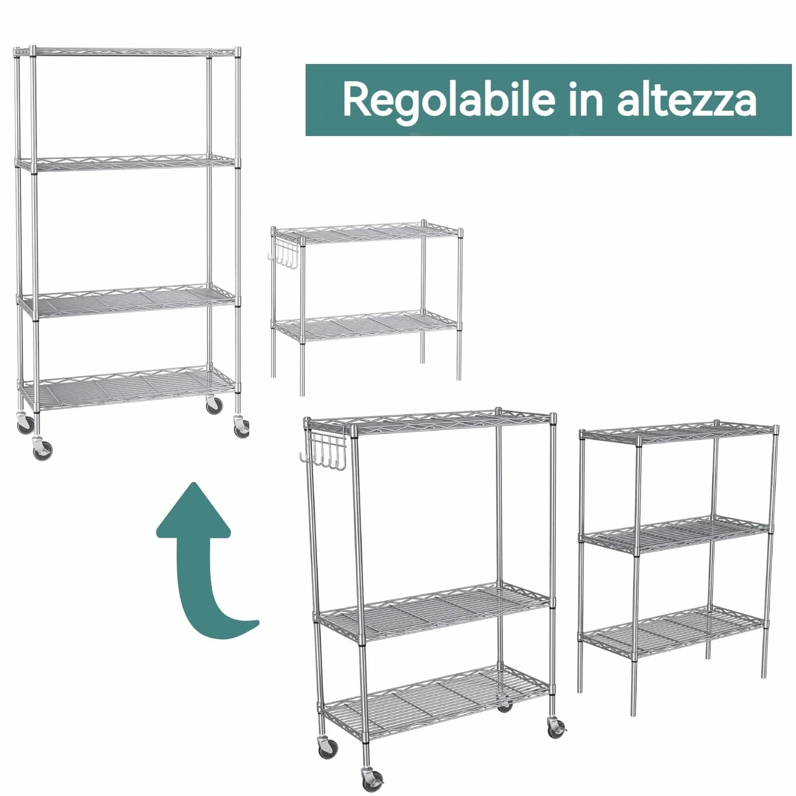 Himimi Scaffale in Filo Metallico a 6 Livelli con Ruote Regolabile in Altezza Argento