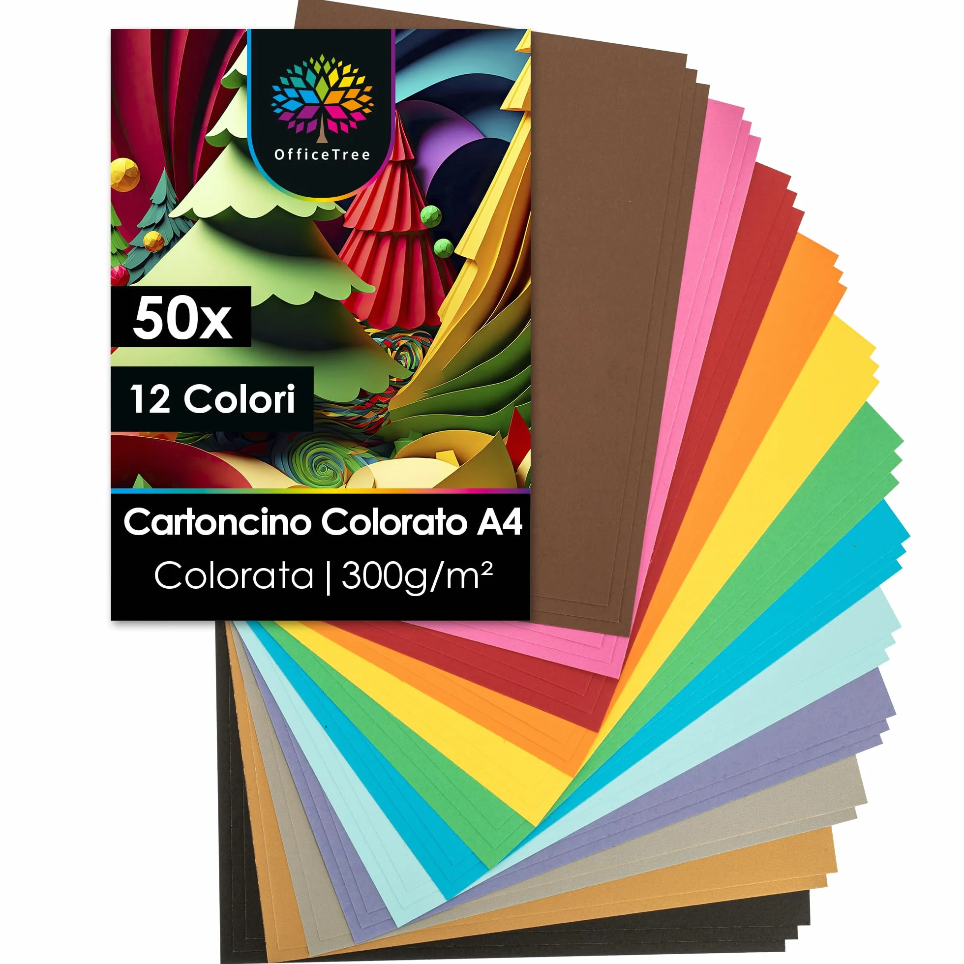 OfficeTree 50x Cartoncini Colorati A4 300g - 12 Colori - Fogli Cartoncino Colorato A4 per Fare Bricolage - Carta Colorata Stampabile - Fogli Colorati - Cartoncino 300 Grammi
