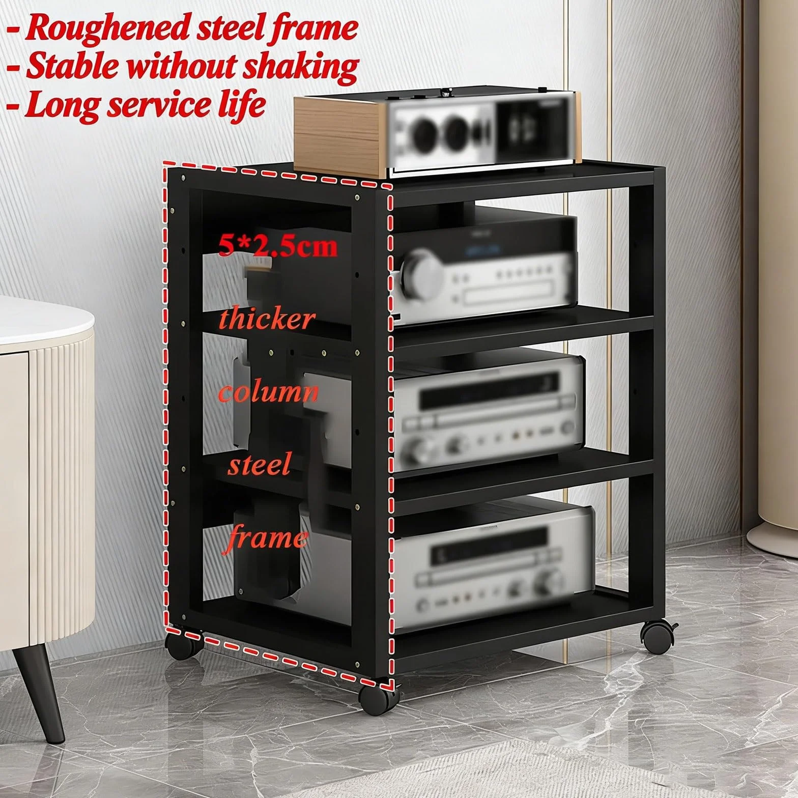 7 Ripiani Mobiletto Hi-Fi Multifunzione A, Av Tower Media Stand Supporto Con Ruote Universali Regolabile Mobiletto Portaoggetti for Casa/ufficio/teatro(Nero)