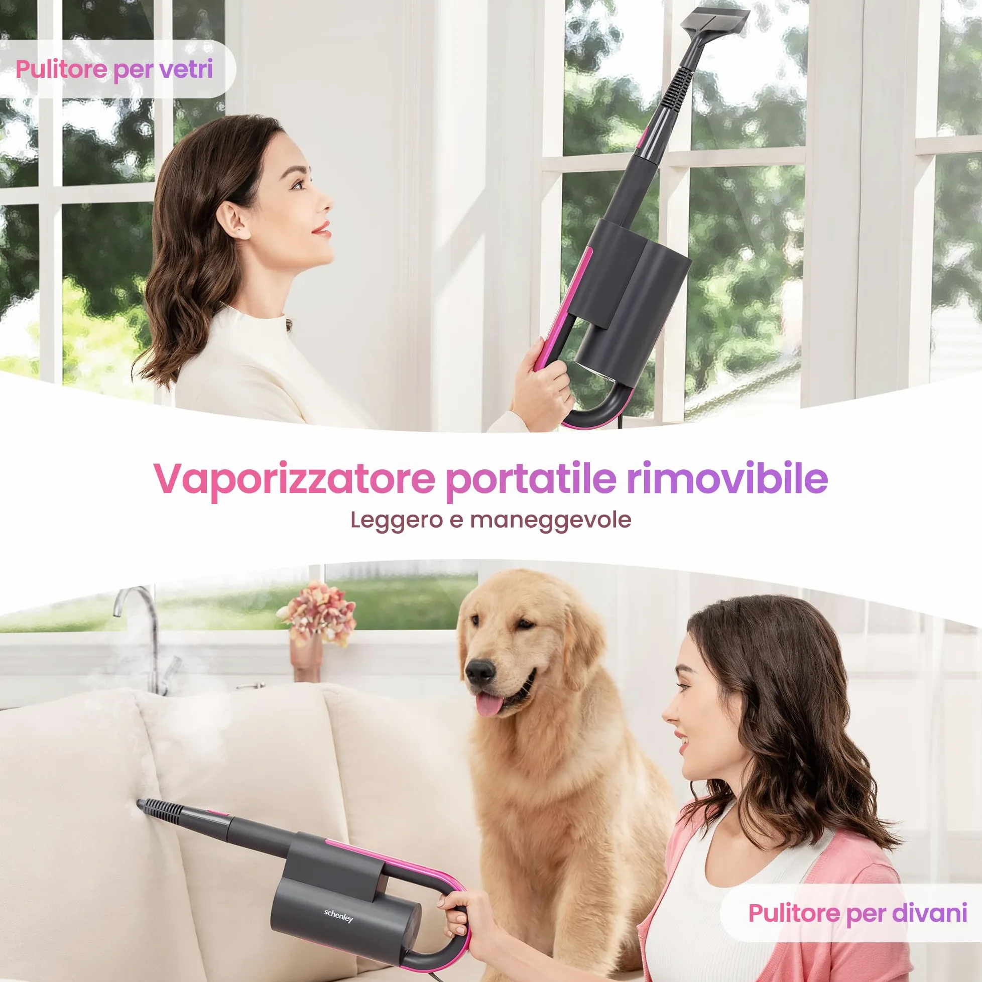 Schenley scopa a vapore 19-in-1 con vaporetto staccabile, design a doppio tubo per pavimenti, piastrelle, pareti e fughe, completo di accessori