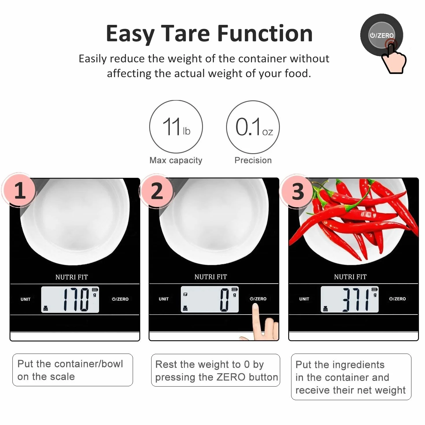 NUTRI FIT Bilancia da cucina digitale ricaricabile, bilancia elettronica per alimenti con ricarica USB-tipo C per cucinare e cuocere al forno, LCD retroilluminato, 11 libbre/5 kg (Nero)