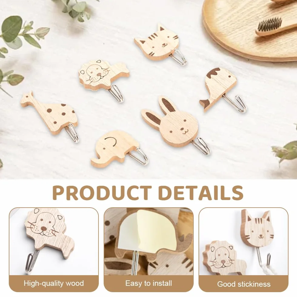 Ganci Appendiabiti da Parete Adesivi Legno Animali, Set 6 Pezzi per Bagno Cucina Camera Bambini