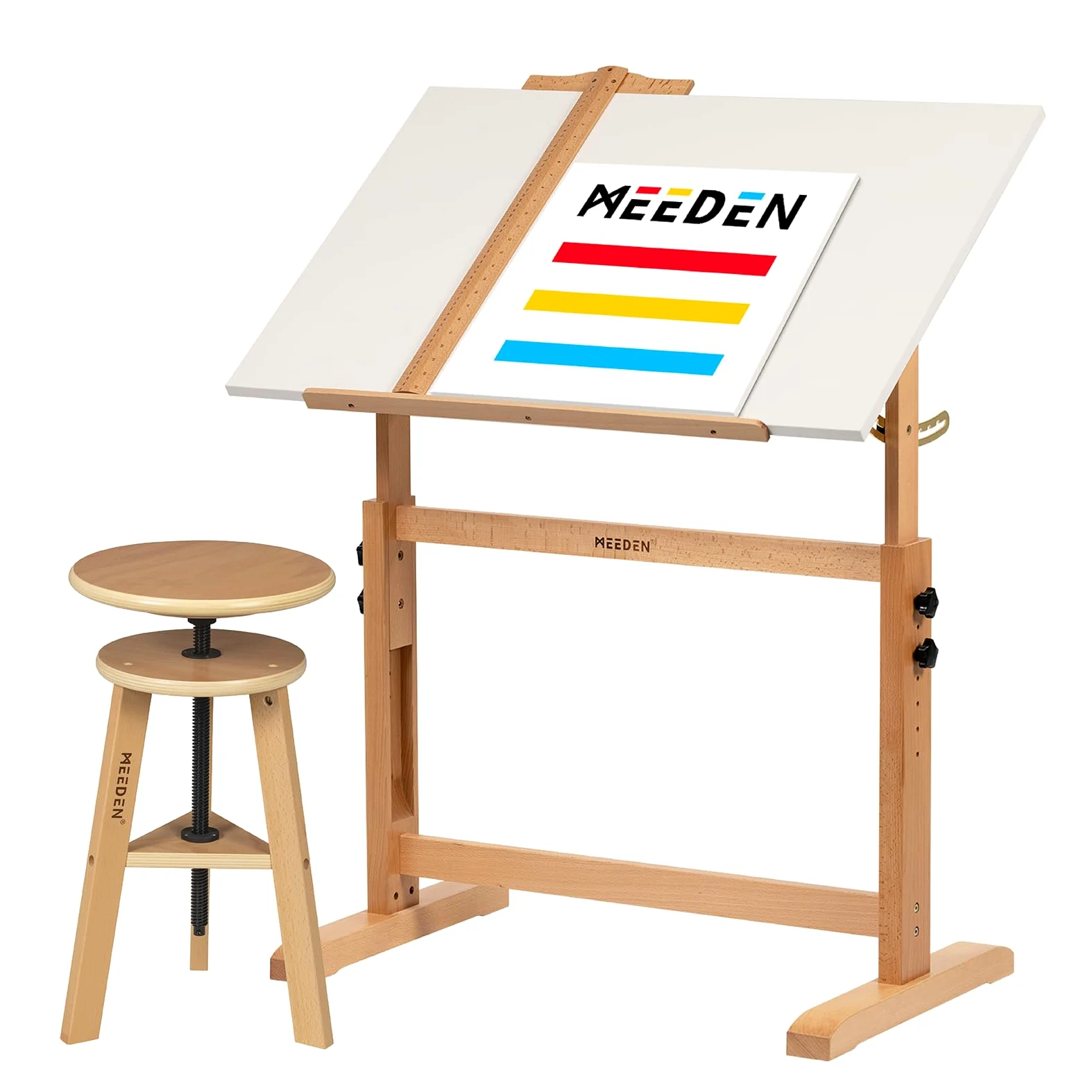 MEEDEN Set tavolo da disegno e sgabello bianco: 90,2 x 59,7 cm, in legno di faggio, altezza regolabile, scrivania artistica con mensola per matita e righello, grandi tavoli da disegno inclinabili per