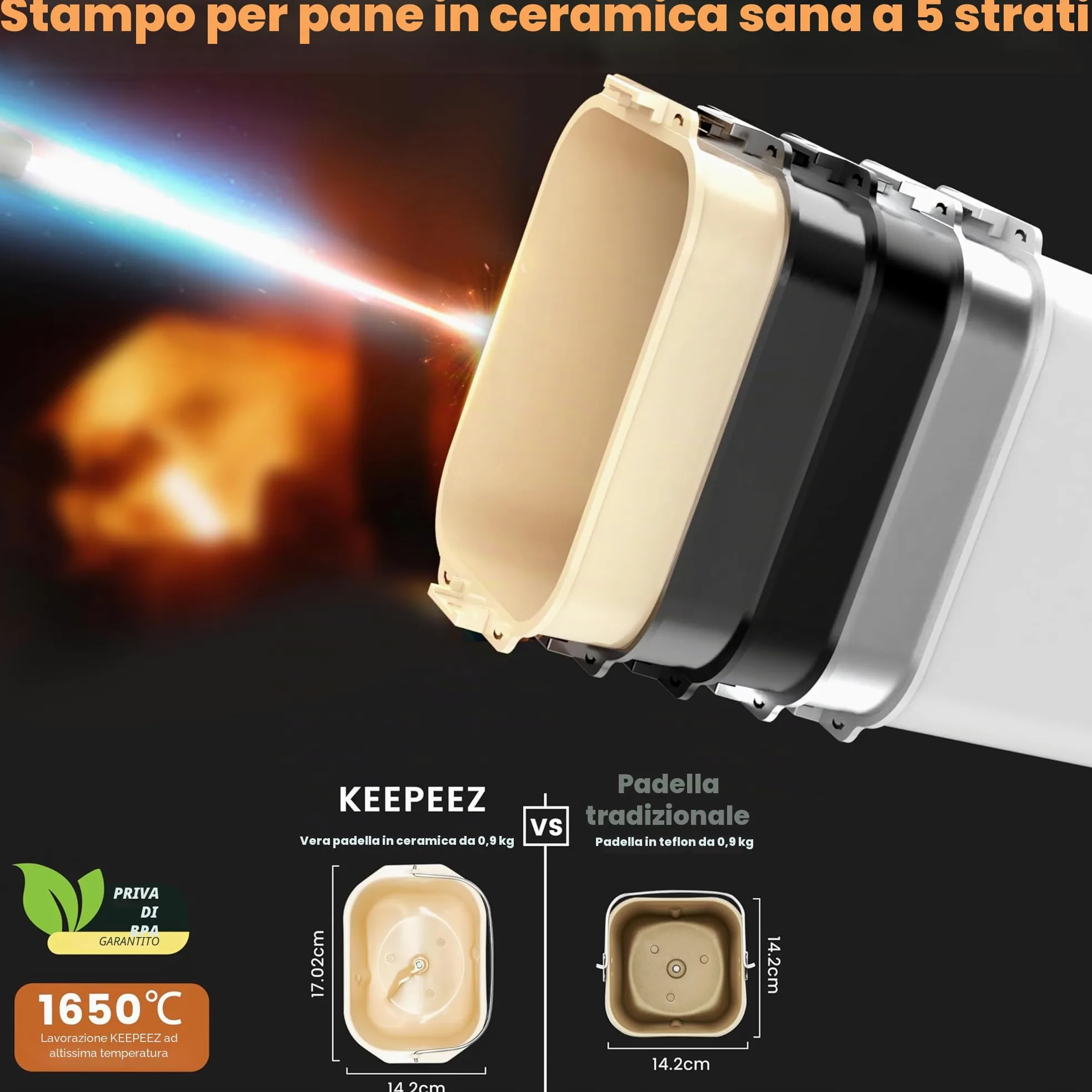 Macchina per il pane di alta qualità in acciaio inox con stampo sano in ceramica, touch screen intelligente e doppi sensori di temperatura, 17 programmi automatici, distributore automatico di