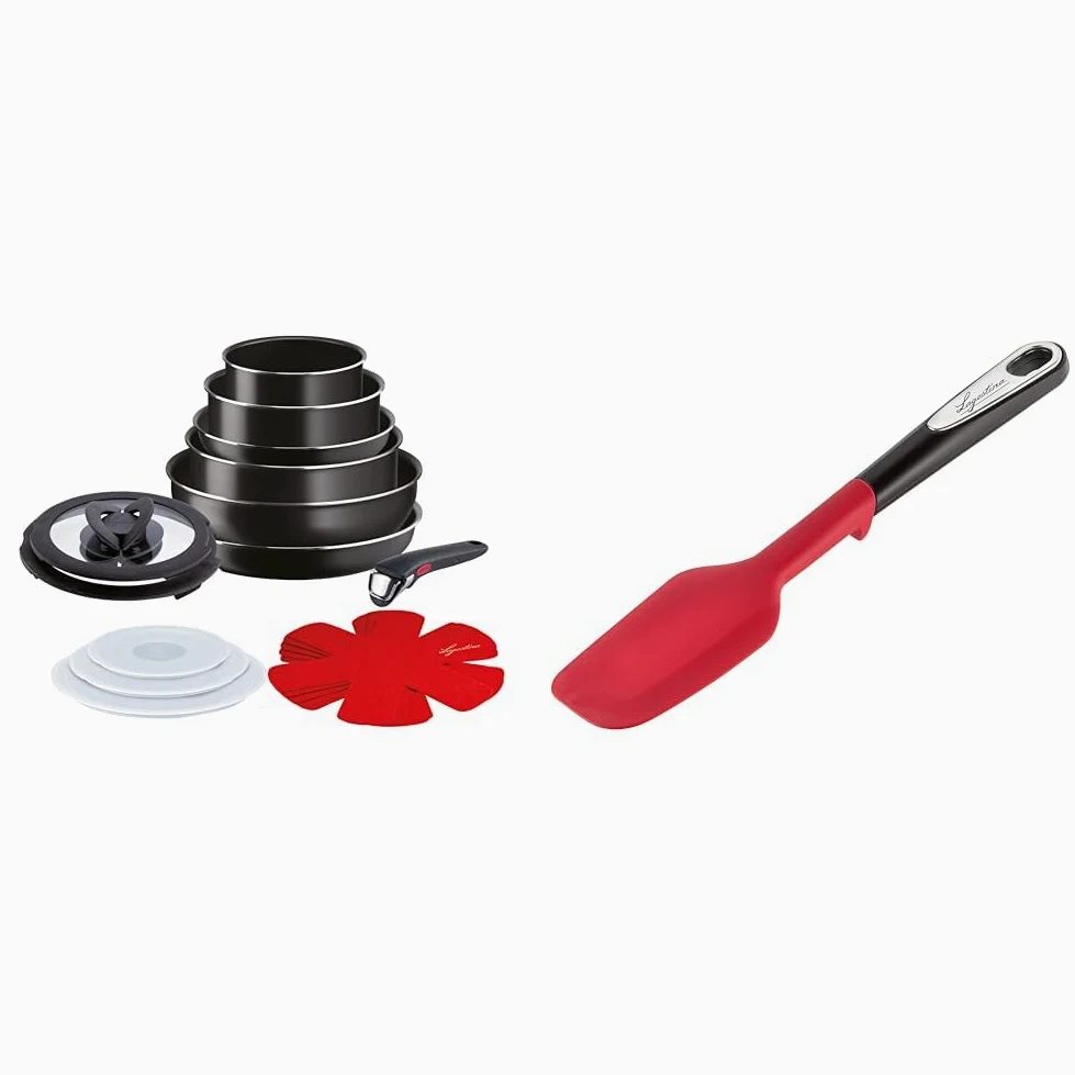 Lagostina Ingenio Essential Plus Batteria di Pentole, Alluminio per Gas e Forno, 17 Pezzi & Ingenio Smart Spatola con Inserto antiscivolo, Plastica e silicone, Nero e Rosso