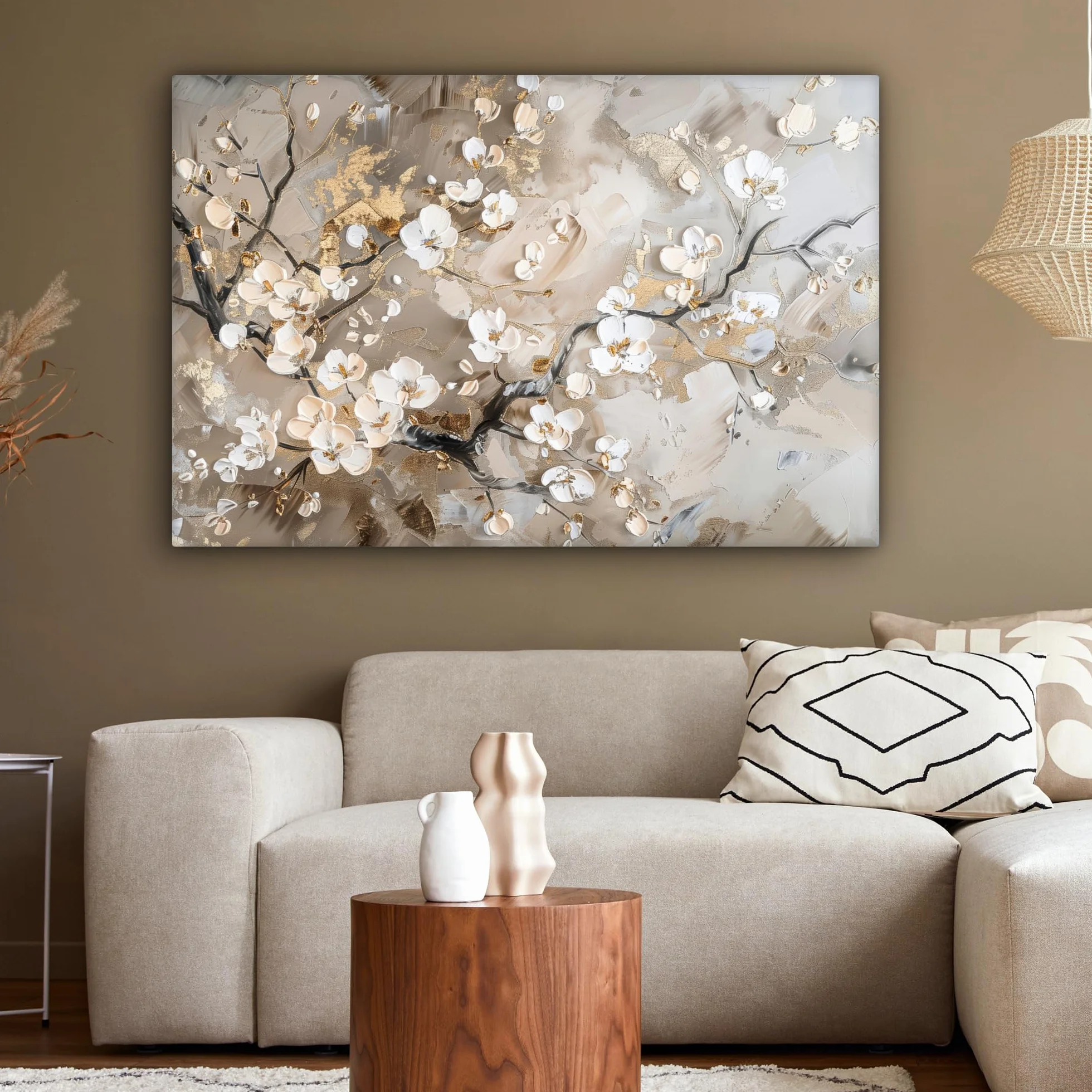 MuchoWow Stampa Foto 120x80 cm Quadro Moderno Stampe Da Parete Canvas Fiori Bianco Oro Beige