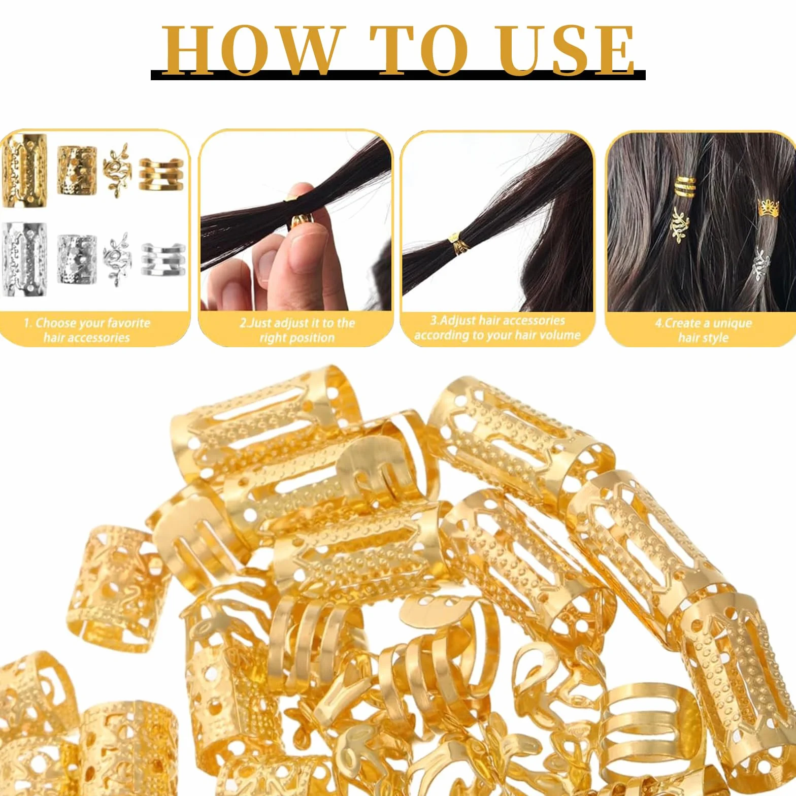 Accessori per Capelli 80 Pezzi, Gioielli per Capelli con Clip, Perline per Dreadlocks in Ferro