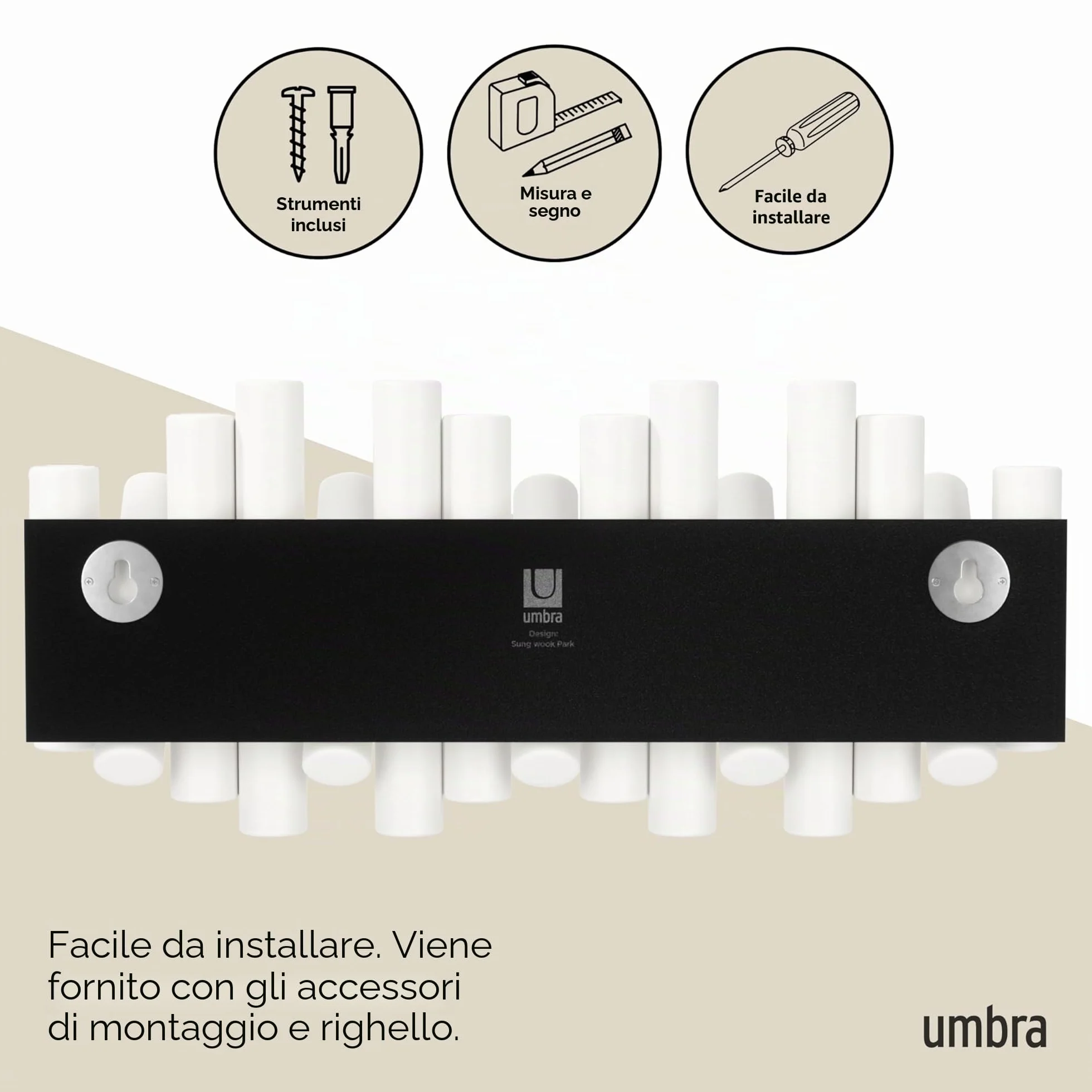 Umbra Picket 5 Appendiabiti da Parete Bianco Pino