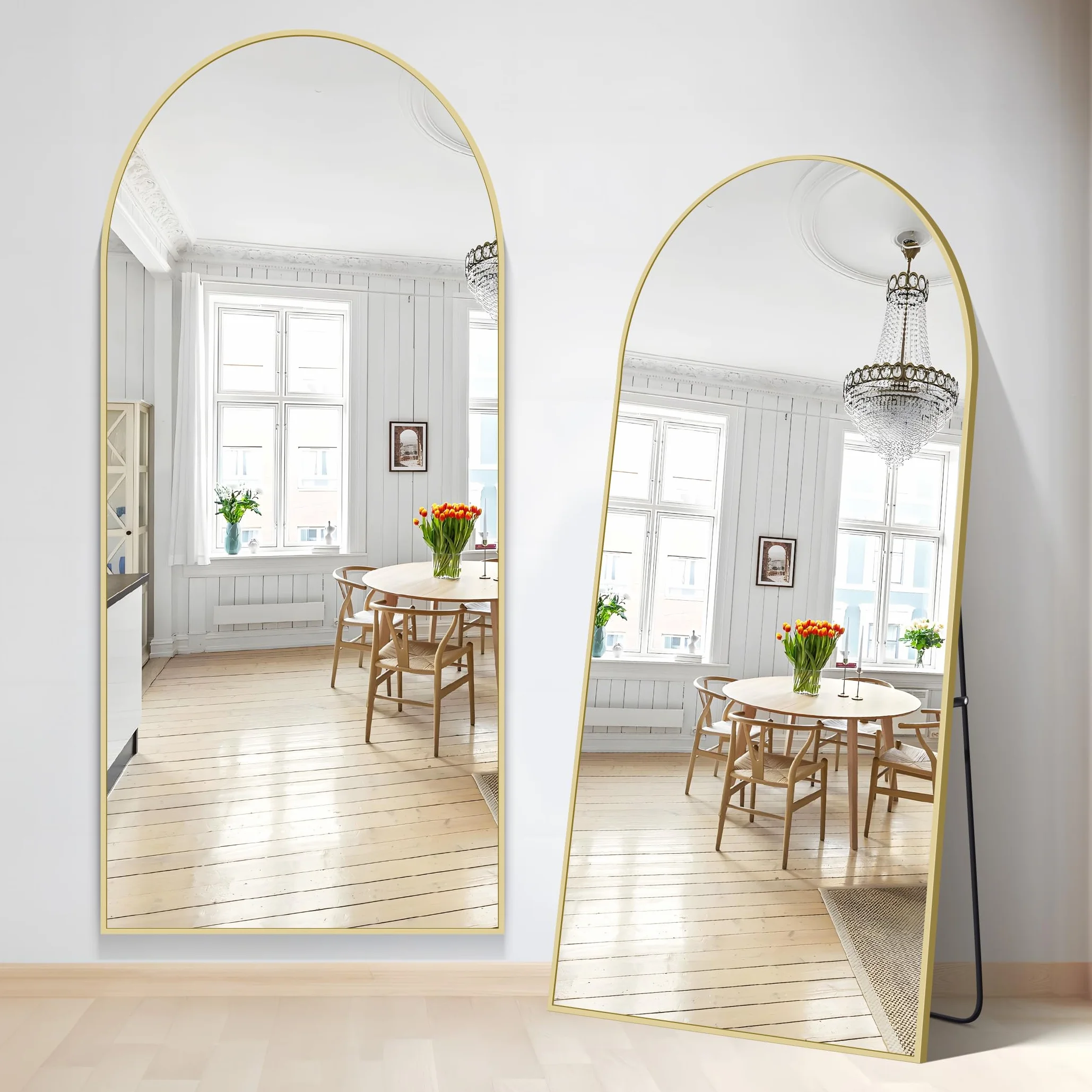 NASSYOU Specchio da Terra, 192 x 85 cm Specchio ad Arco con Cornice in Alluminio Oro per Bagno, Camera da Letto, Ingresso e Corridoio