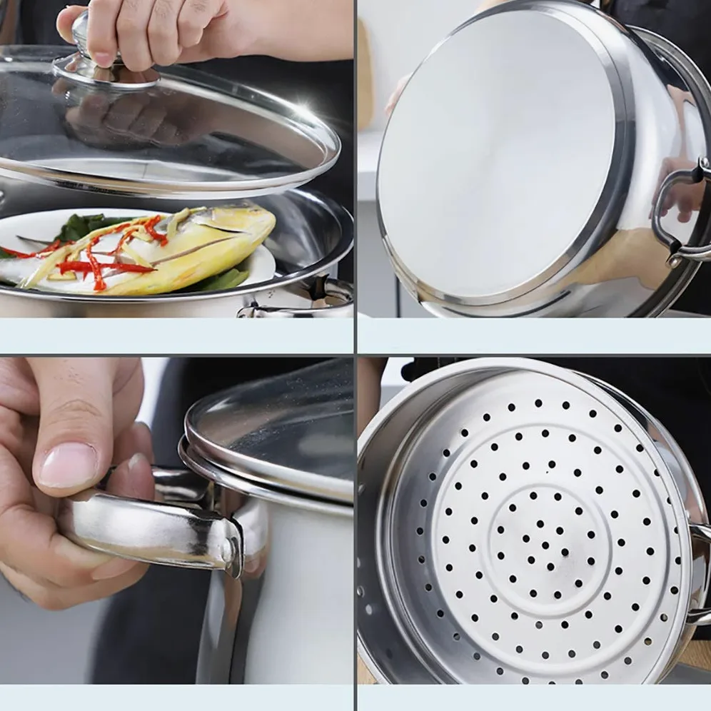 Pentola a vapore a tre strati da 40 cm per fornelli a induzione a gas multiuso