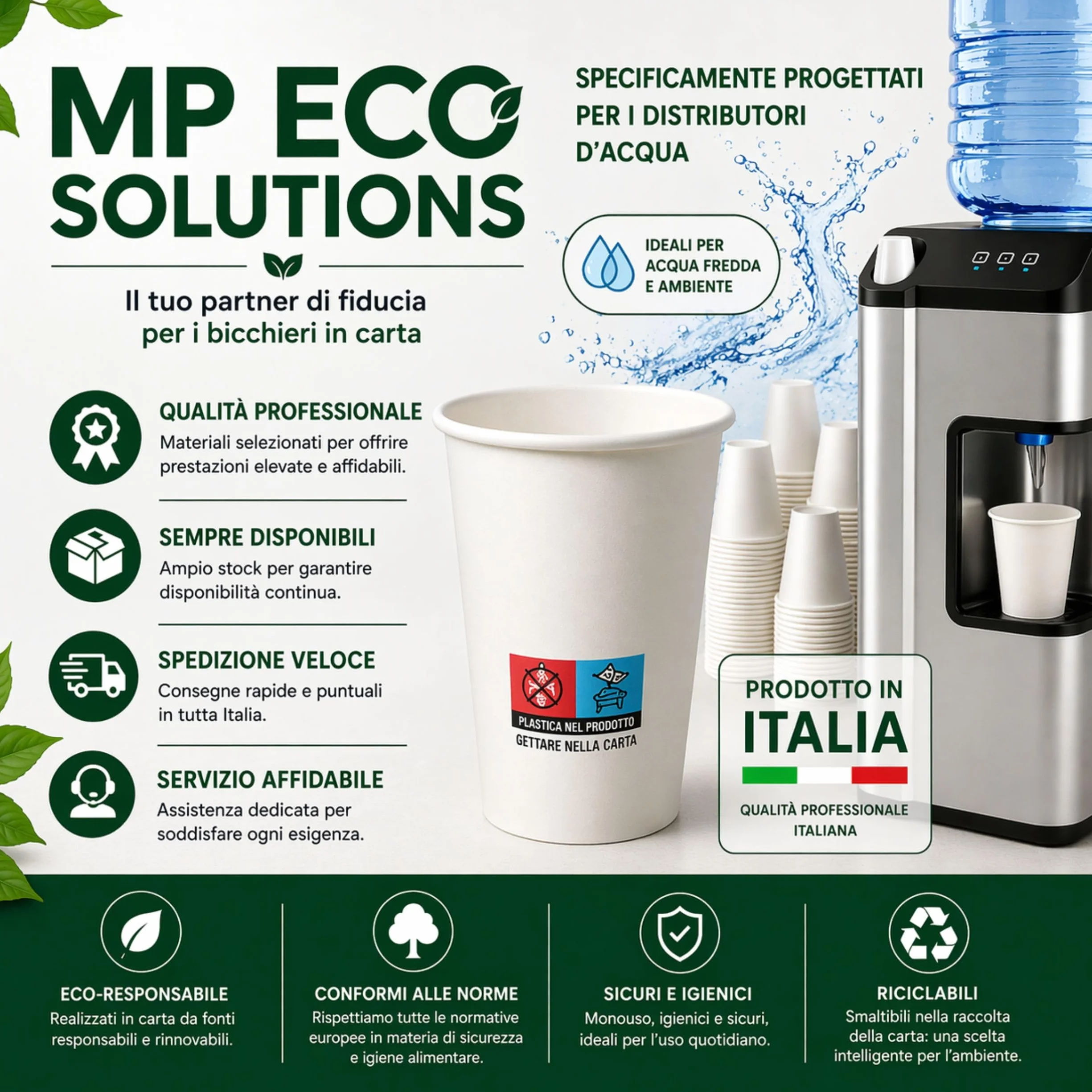 Bicchieri Carta 200 ml Monouso Bianchi MP ECO SOLUTION 1000 per Acqua e Bevande Calde Made in Italy