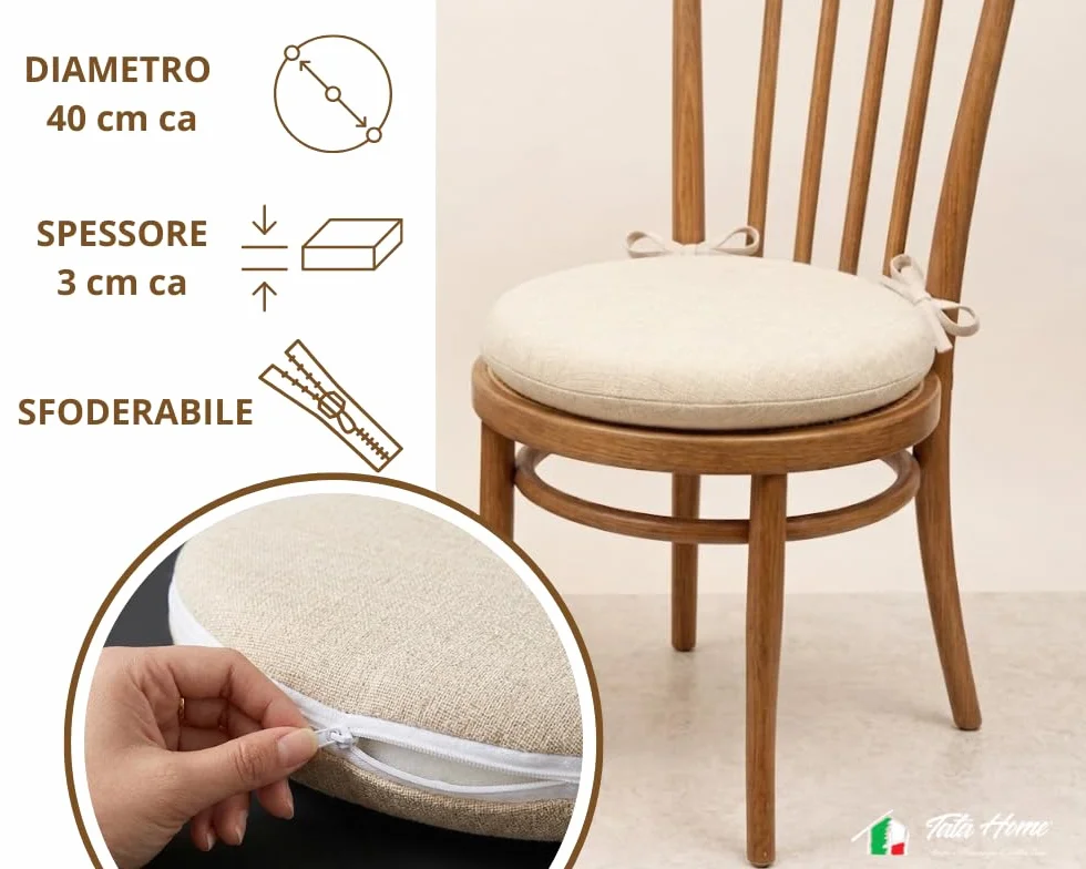 Tata Home Set 4 Cuscini Sedia Rotondi con Laccetti Diametro 40 cm Spessore 3 cm Mod. Billy Colore Panna