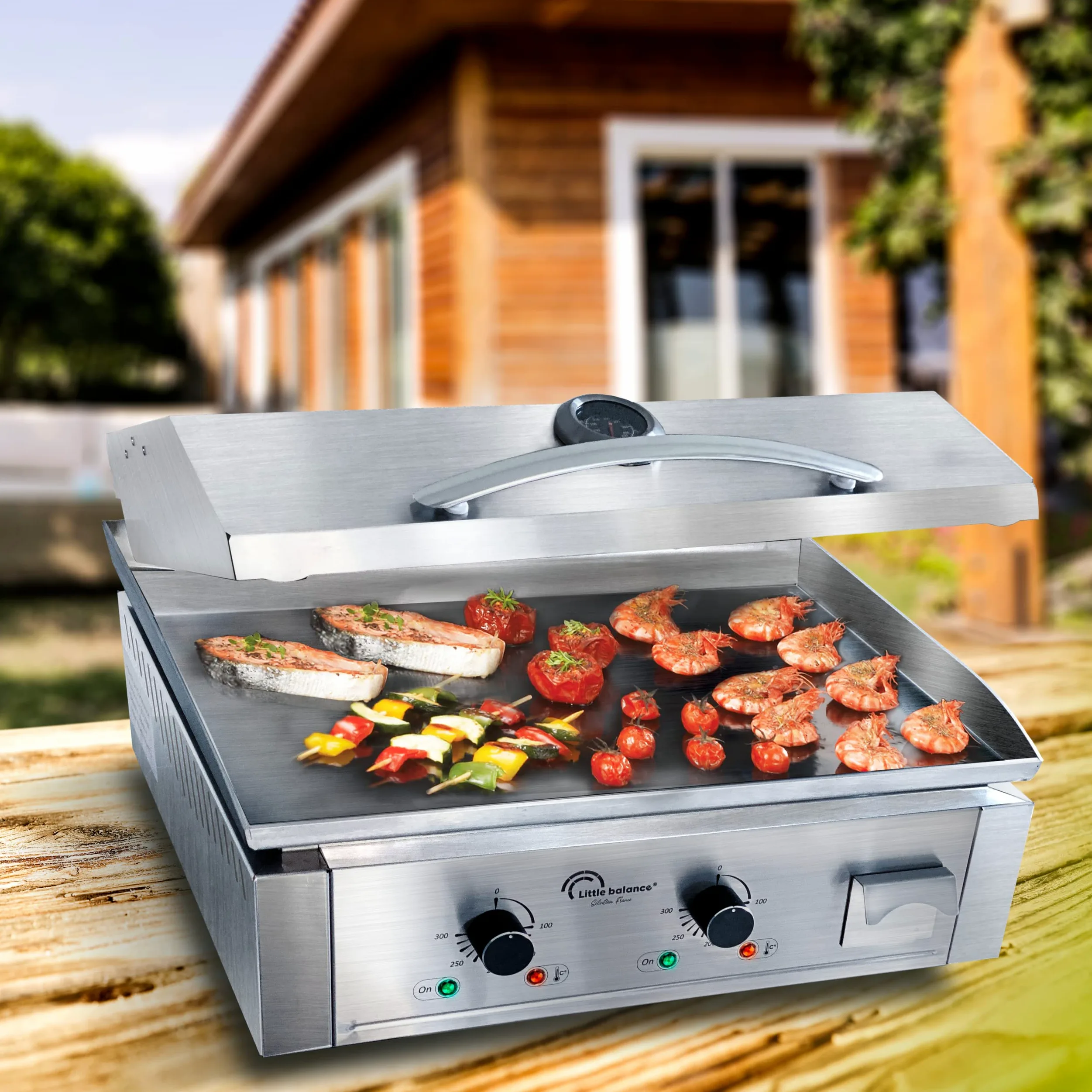 LITTLE BALANCE 8473 Aquitania Pro Plus, Piastra elettrica professionale, 2 zone di cottura, coperchio, 3500 W, Fabbricazione francese, Tutto Inox