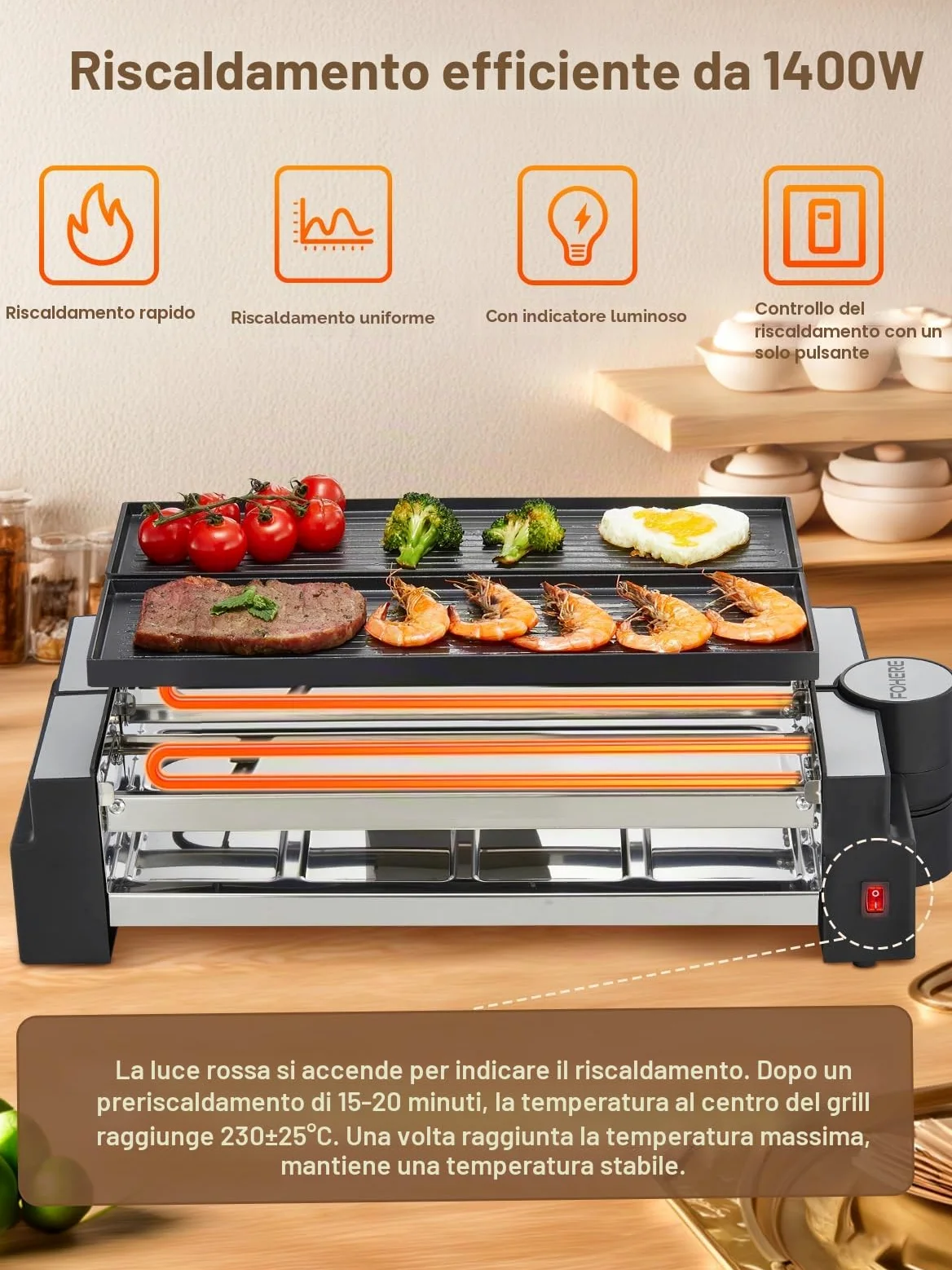 FOHERE Raclette Grill per 8 Persone, 1400W Griglia Elettrica Antiaderente Reversibile con 8 Mini Padelle, Acciaio Inox Opaco, Adatto per Famiglie e Feste