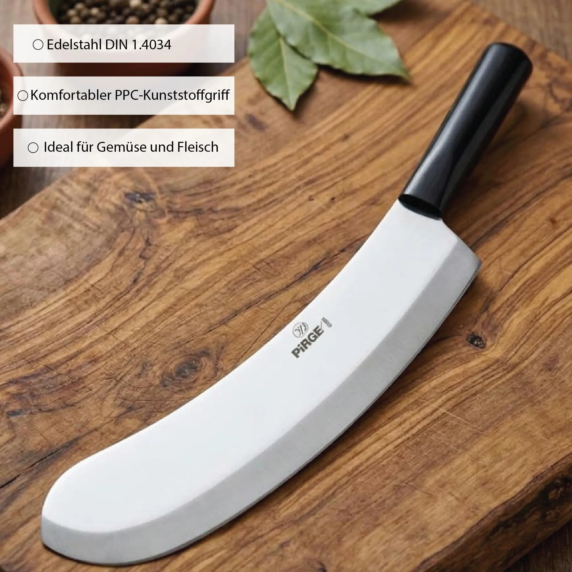 Pirge Ecco Mezzaluna Cucina Grande per Carne 55 cm - Coltello Monolama per Erbe, Macellaio, Cucina Professionale - Coltello da Cucina in Acciaio Inossidabile - Design Ergonomico con Manico in Plastica