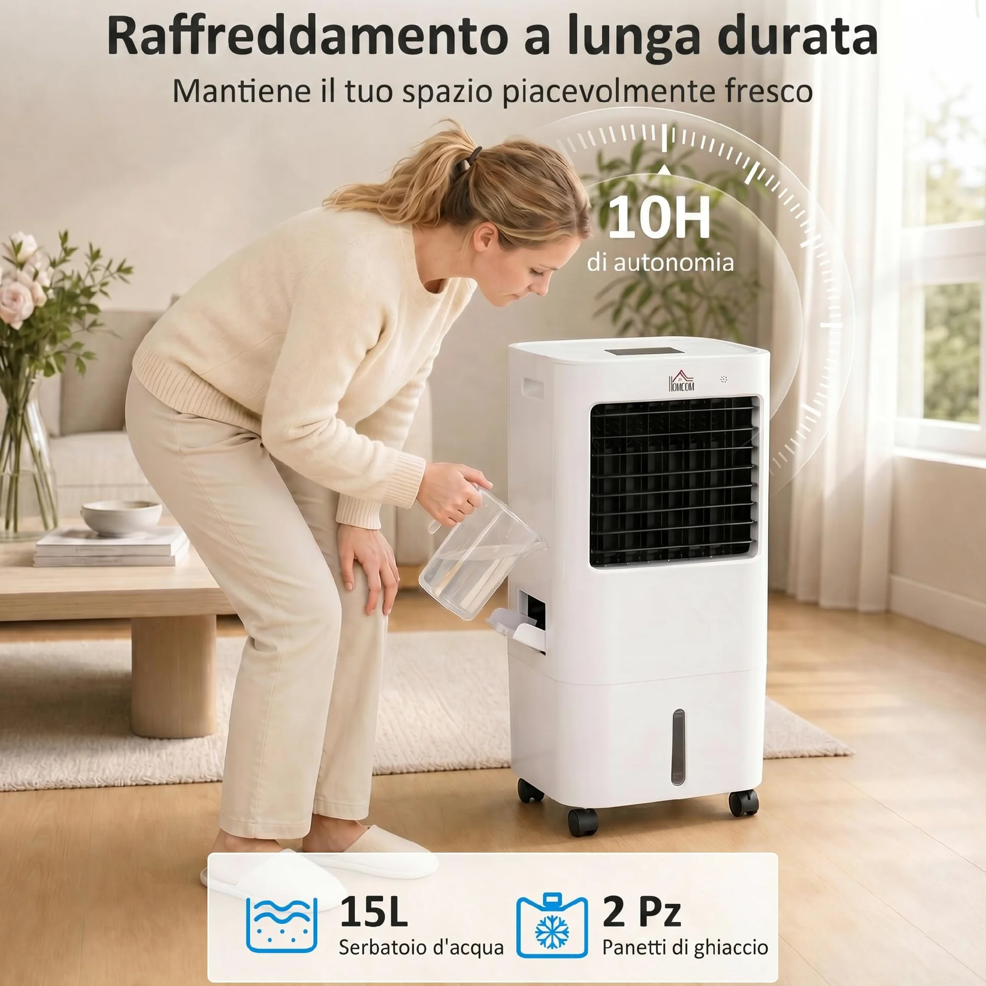 HOMCOM Condizionatore Portatile, Raffrescatore Evaporativo 3 in 1, Ventilatore con Ghiaccio e Deumidificatore, 3 Velocità, 9 Modalità e Telecomando, Raffrescatore da 65W in ABS, 32x37x74 cm, Bianco