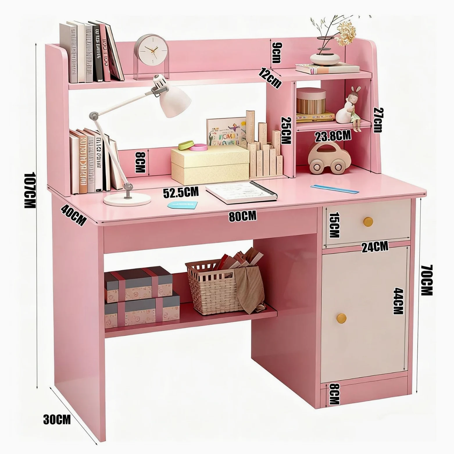 Scrivania per Bambini con Ripiani Armadietto Cassetto Età 3-8 Anni Tavolo Banco Scuola Scrivania Computer per Cameretta, Sala Studio D1