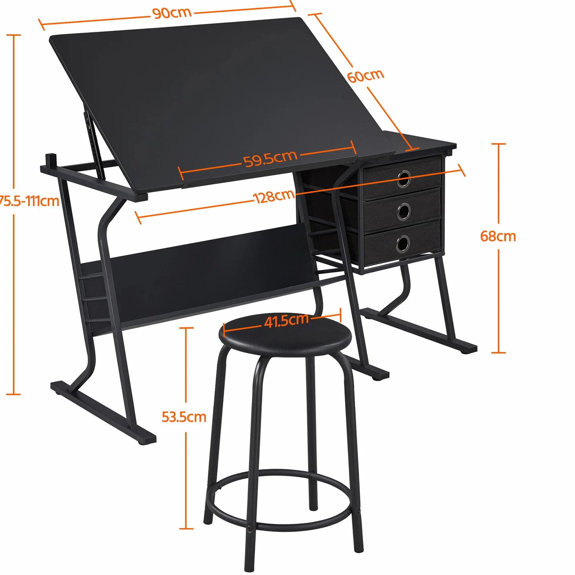 Yaheetech Set Tavolo da Disegno Inclinabile con Sgabello con 3 Cassetti Vassoio Toggle Scrivania per Disegnatore Architetto Pittore Ingegnere Nero