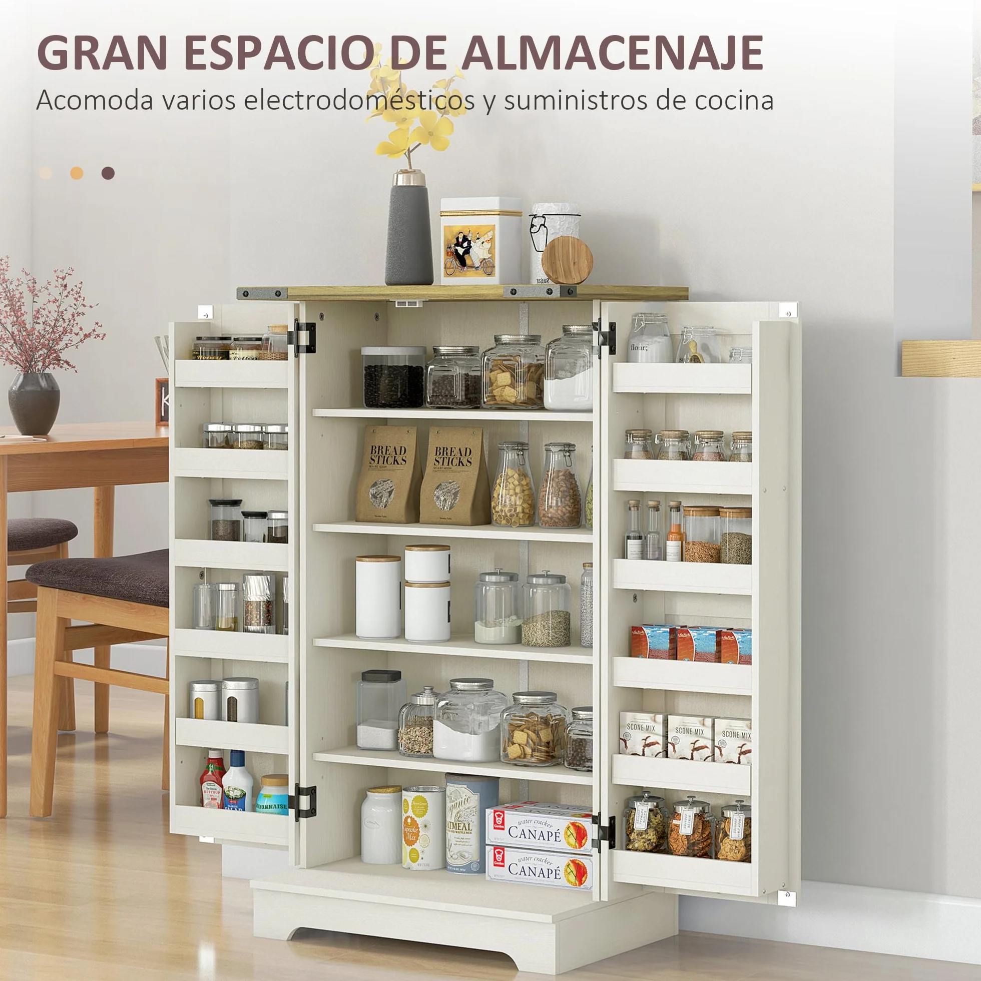 HOMCOM Armadio dispensa cucina armadio da cucina con 2 ante e 16 ripiani dispensa rustica con ripiano regolabile per sala da pranzo soggiorno 60x40x104 cm crema
