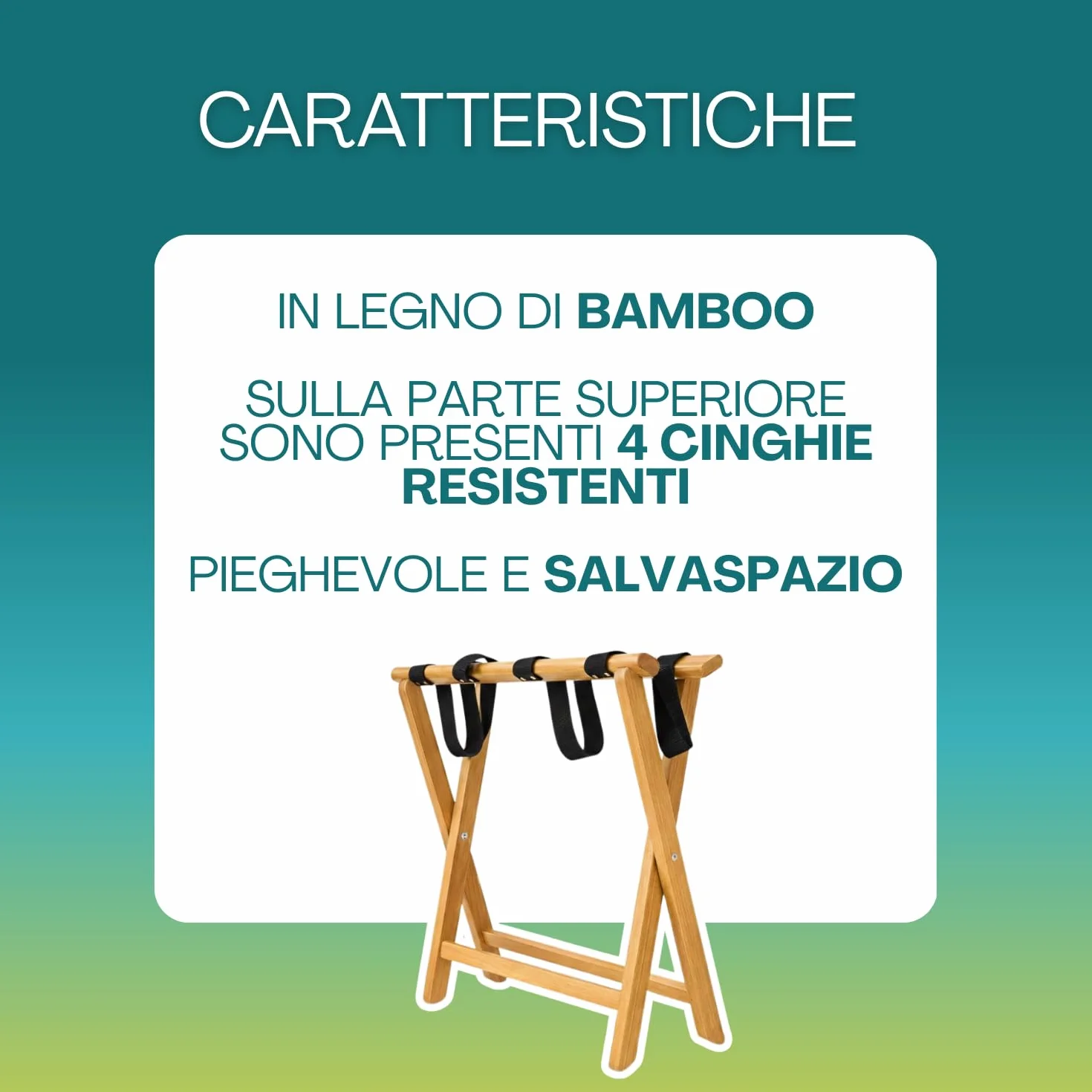 VIRSUS Porta Valigie Pieghevole in Legno Bamboo 65x36x36 cm con 5 Cinghie Cavalletto Sgabello Reggivaligia
