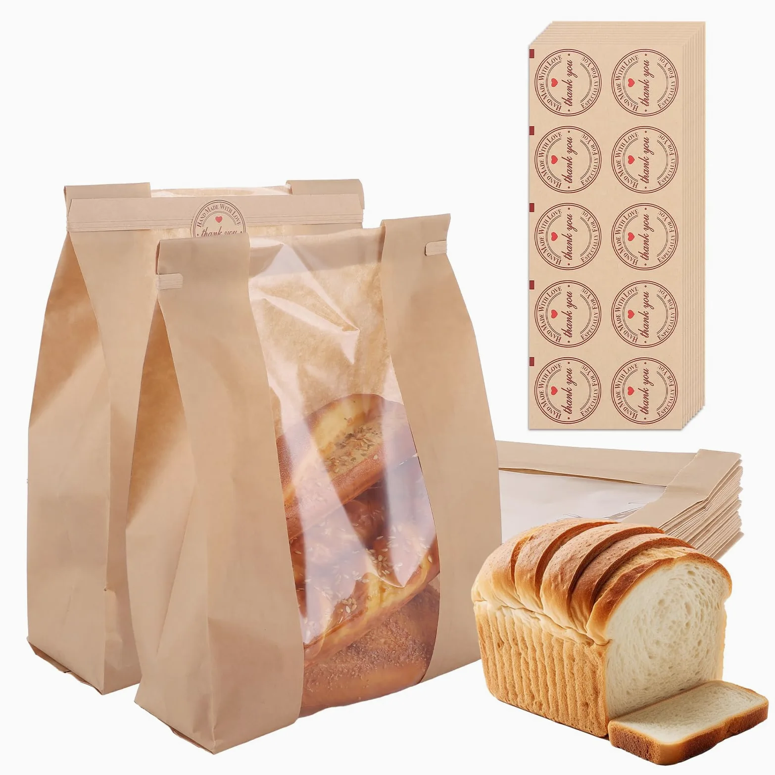 150 sacchetti di carta per pane fatti in casa, sacchetti per pane a lievito naturale con finestra e grandi sacchetti di carta adesivi di ringraziamento, sacchetti per panini per imballaggi al