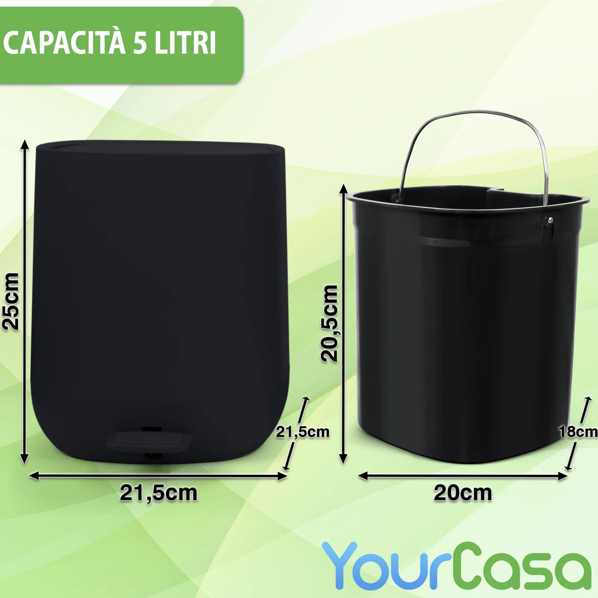 YourCasa Pattumiera da bagno 5 L con coperchio e chiusura morbida nero