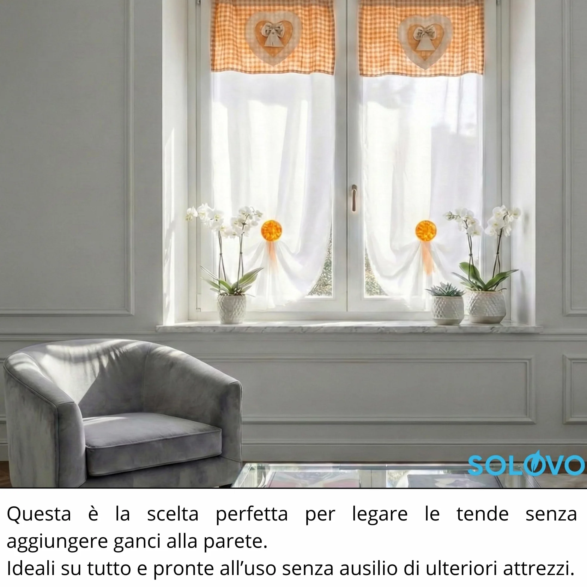 SOLOVO 2 Pezzi Fermatenda Magnetici per Tende, Clip Tenda Effetto Madreperla con Nastro in Organza, Accessori Tende Senza Fori, Arancio