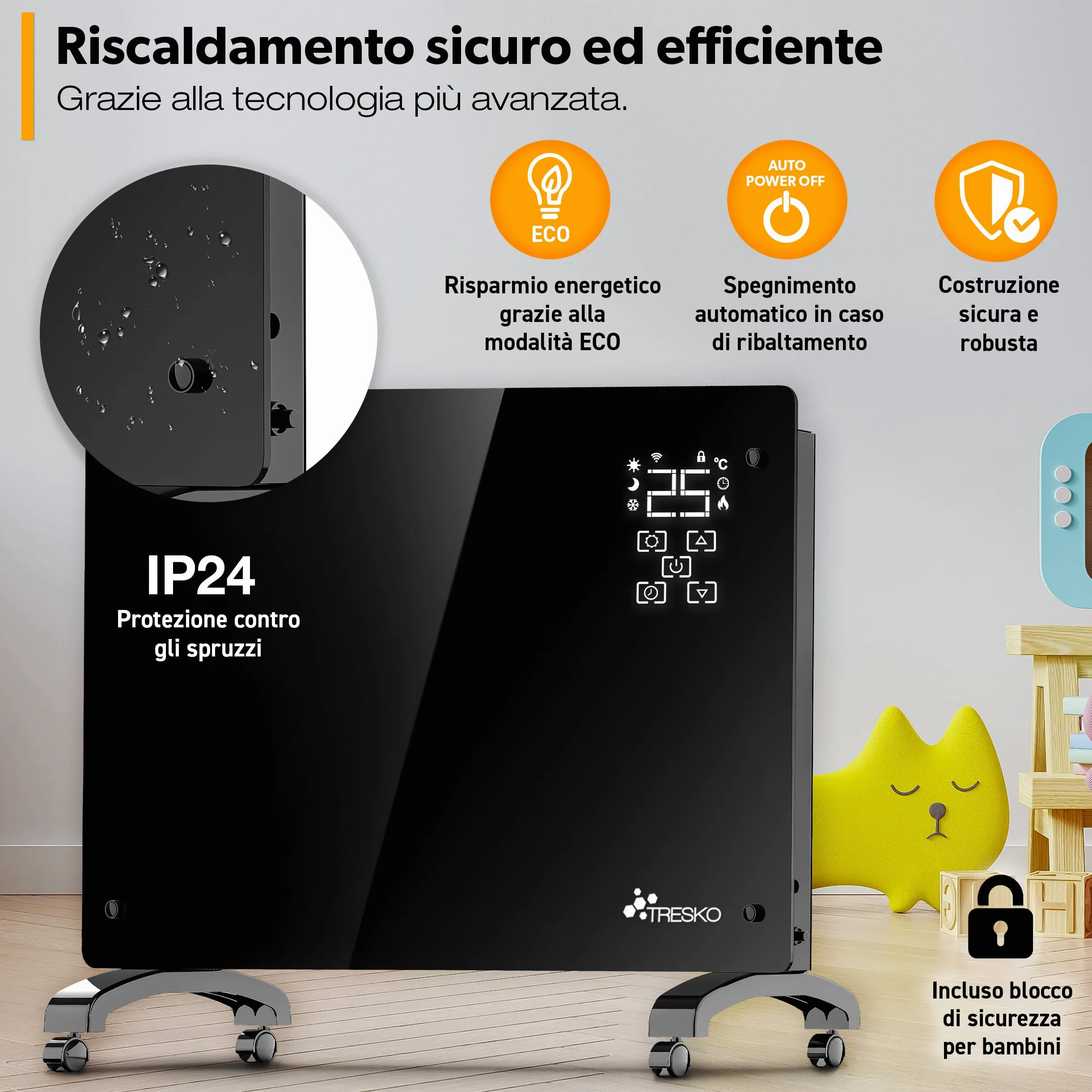 TRESKO Stufa Elettrica Basso Consumo 2000W - Wifi & APP | Stufa Elettrica basso consumo | Termoconvettore con Rotelle | Termosifone Elettrico Portatile | Termoconvettore a Parete con Termostato