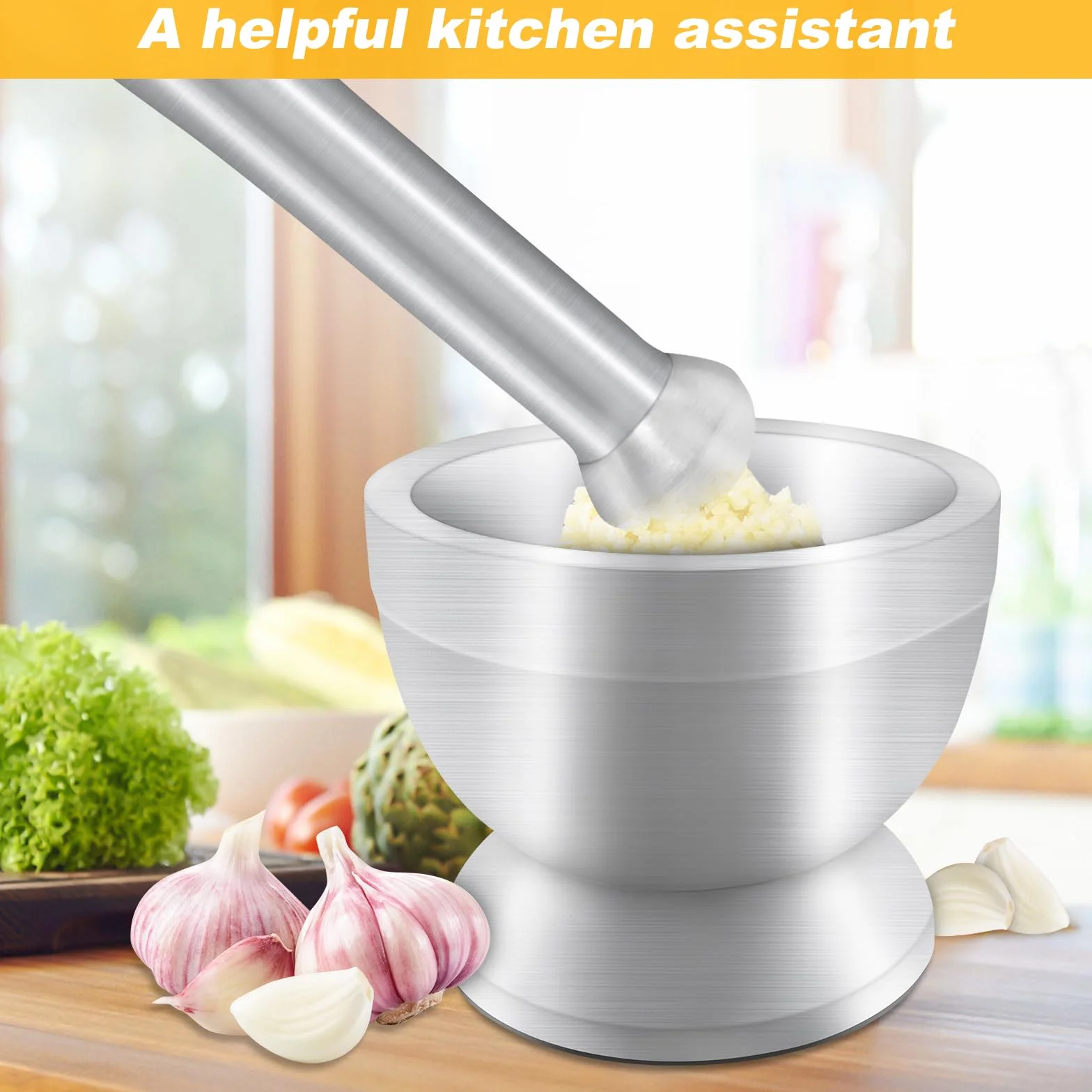Xpieoyrm Mortaio con Pestello, Acciaio Inossidabile Mortaio e pestello ciotola per smerigliatrice con Coperchio in Silicone, piccolo mortaio da cucina con pestello, Trita Spezie, Erbe, Guacamole