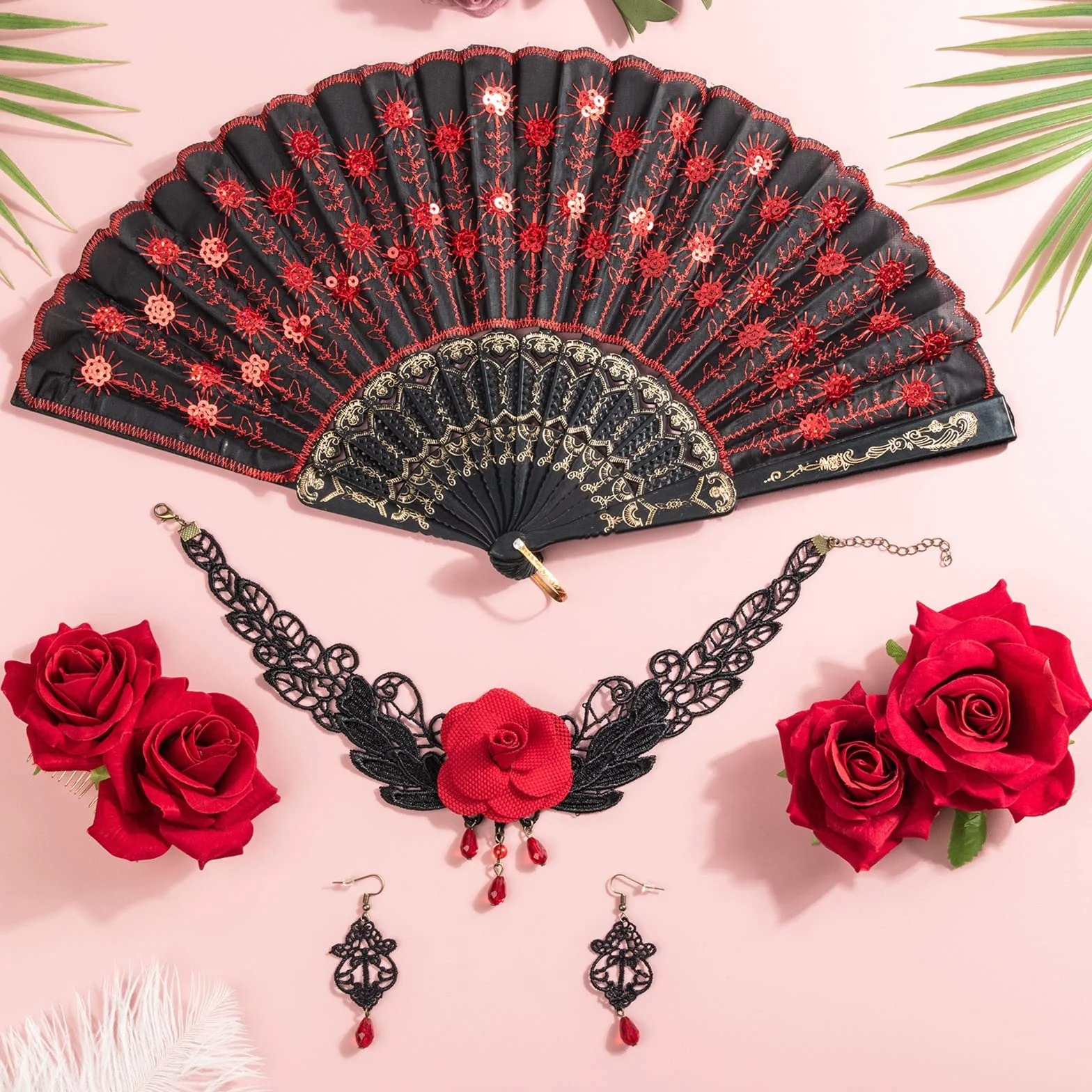 DRESHOW 5 Pacco Spilla Fiore Accessori Capelli Sposa Clip Capelli Rosa Donne Ornamento Testa Ballerina Flamenco