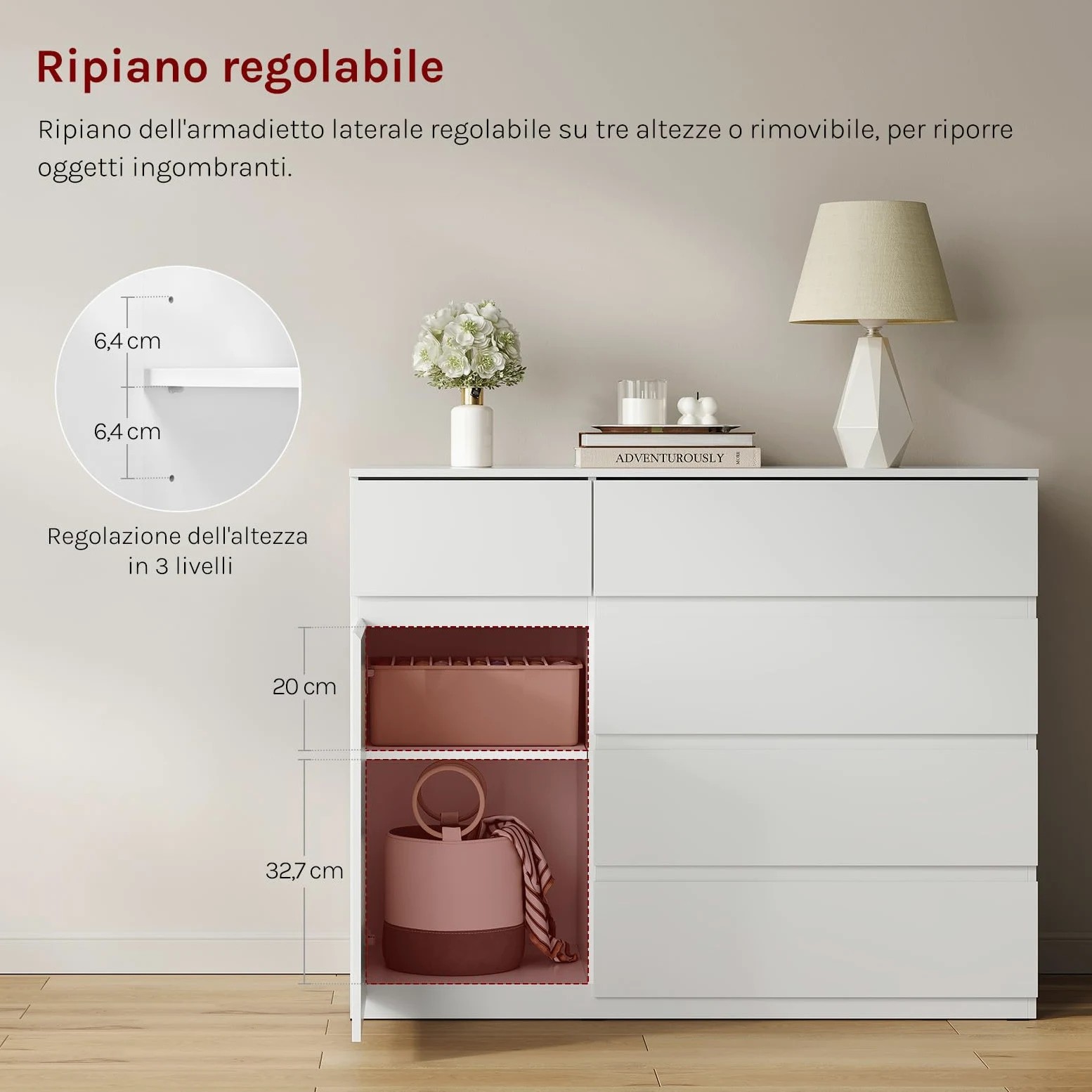 WOLTU Cassettiera Camera da Letto, Mobiletto Salvaspazio con 5 Cassetti e 1 Armadietto, Ripiano Regolabile, per Soggiorno, Ingresso, 100x40x80 cm, Bianco