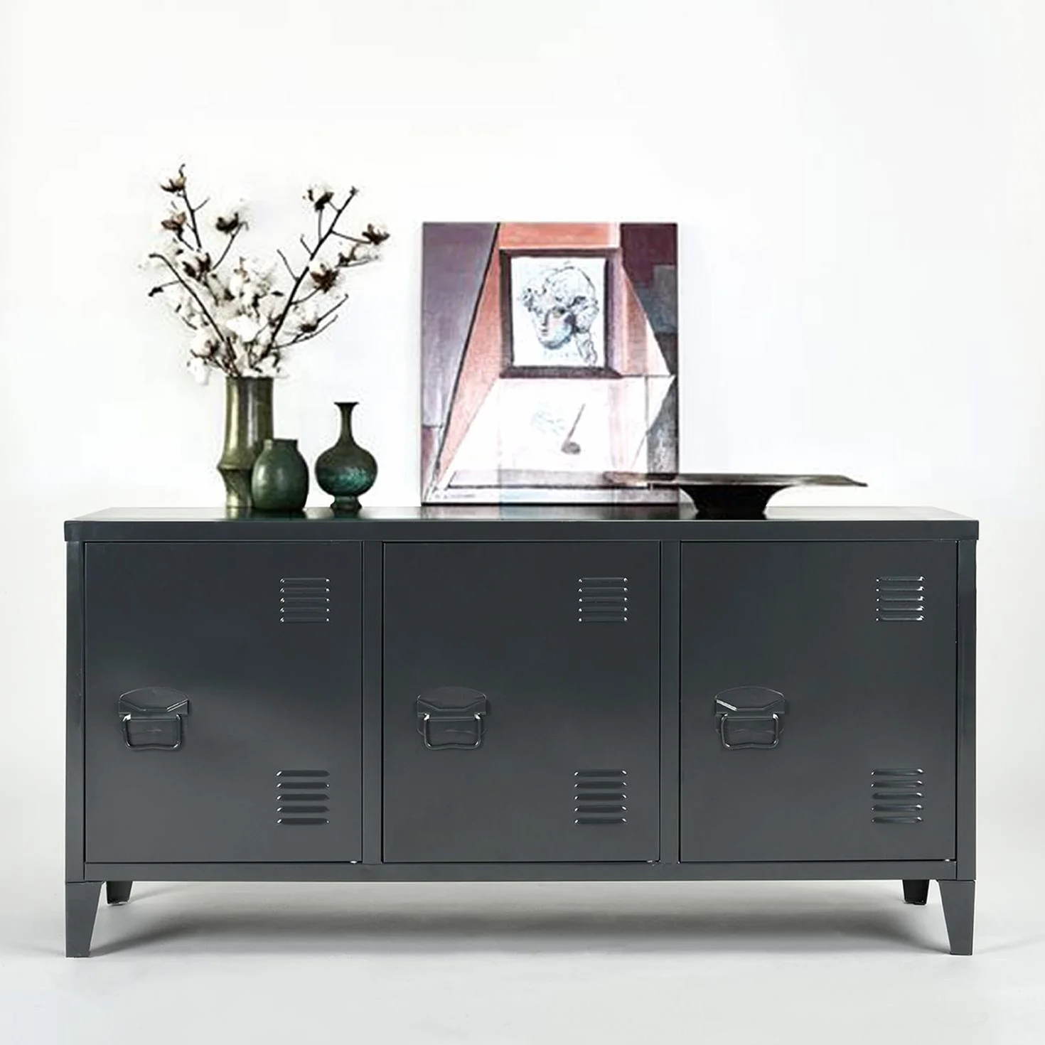 Homy Casa Grande armadio in metallo a doppio rivestimento con 3 ante in metallo, mobile da ufficio o guardaroba con due ripiani, basso, misure: 120 x 40 x 58 cm, nero