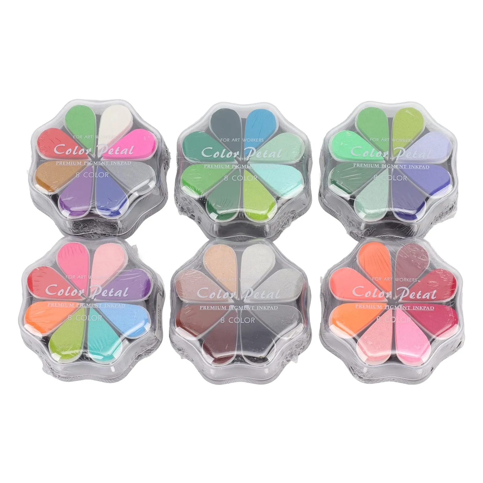 6 tamponi di inchiostro artigianali, tamponi di inchiostro lavabili, a forma di petalo, 48 colori metallici, cuscinetti per timbri in gomma fai-da-te, per la creazione di