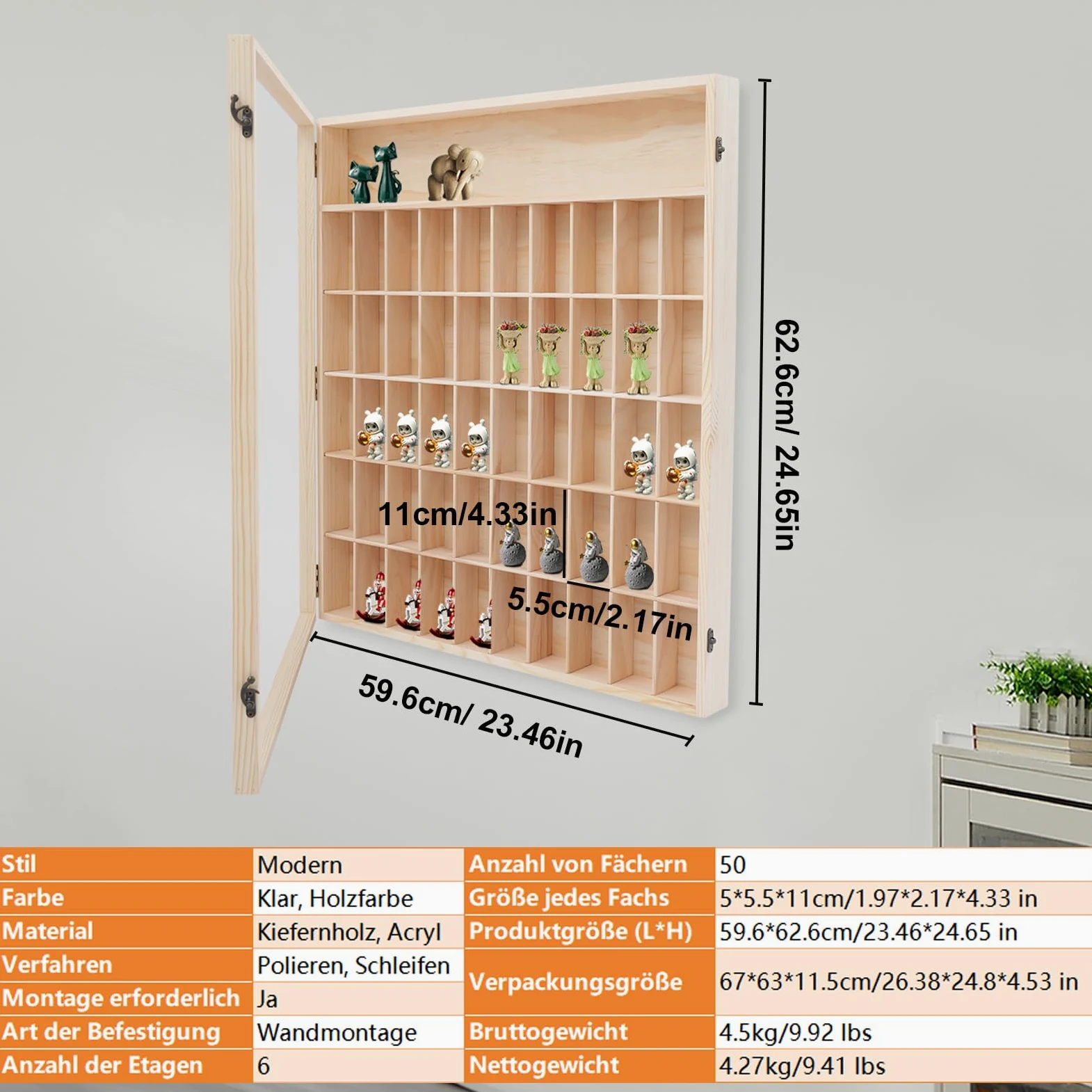 Vetrina da collezione, in legno, vetrina da parete, mensola da appendere, 50 scomparti, vetrina in vetro da appendere con disco per cameretta dei bambini
