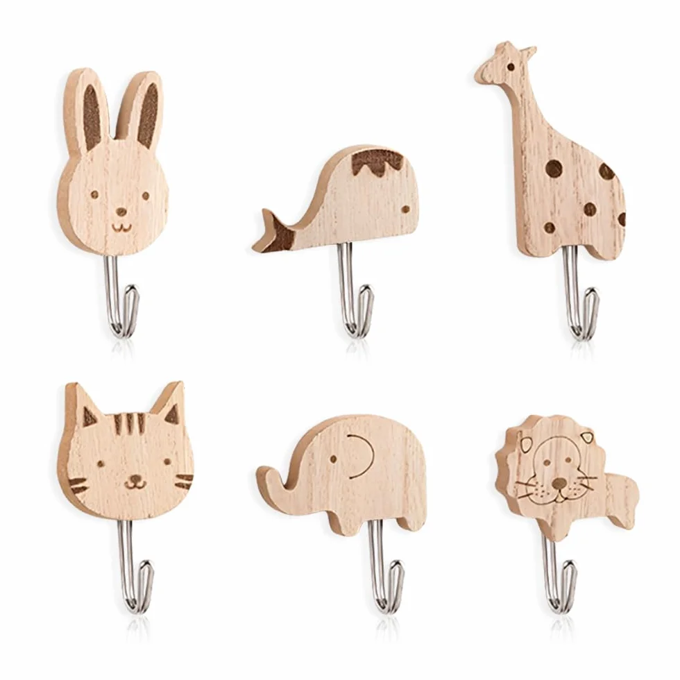 Ganci Appendiabiti da Parete Adesivi Legno Animali, Set 6 Pezzi per Bagno Cucina Camera Bambini