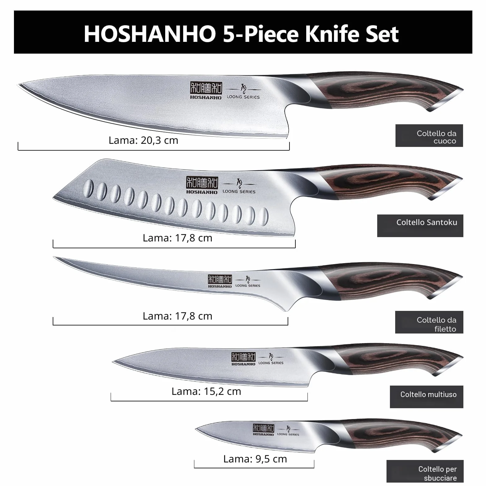 HOSHANHO Set di Coltelli da 5 Pezzi, Set Coltelli da Cucina Giapponesi in Acciaio Inossidabile ad Alto Tenore di Carbonio, Set di Coltelli da Chef Professionali Ultra Affilati