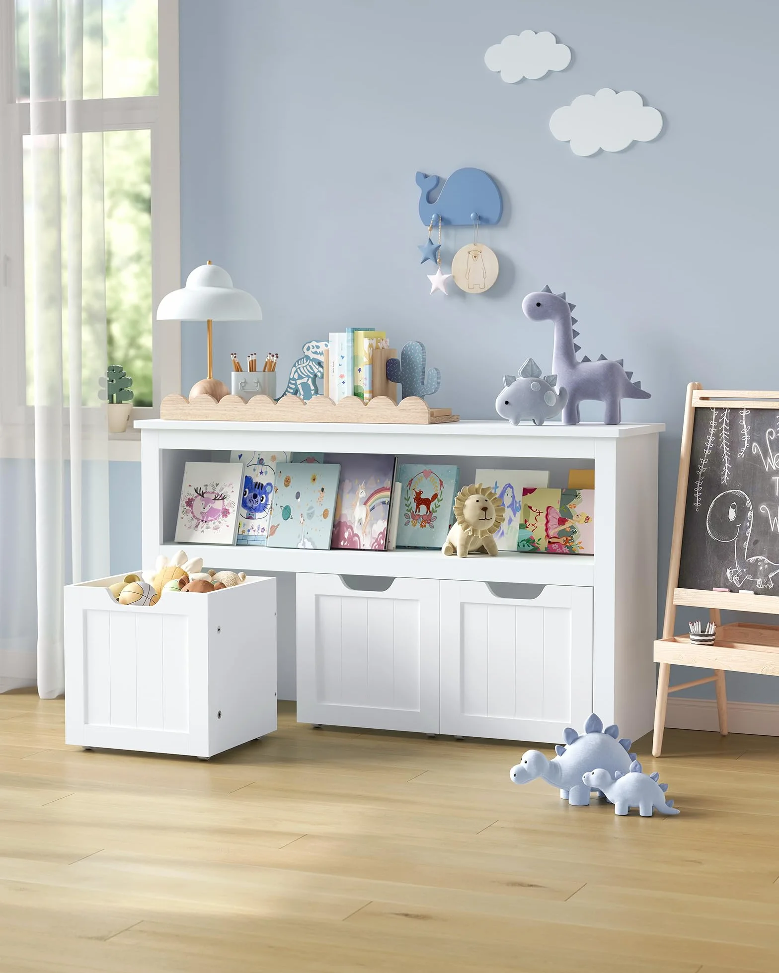 VASAGLE Scaffale per Bambini, Porta Giochi per Bambini, Multiuso, 3 Contenitori con Ruote, Porta Giocattoli, per Soggiorno Cameretta, 30 x 102 x 60 cm, Bianco Nuvola LHS380W01