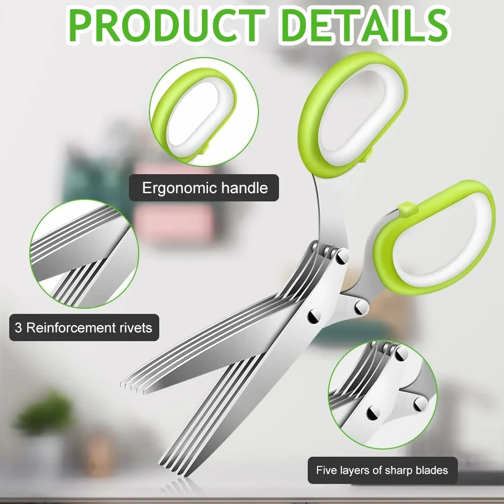 Forbici per spezie, erbe aromatiche, acciaio inox, 5 lame, pettine pulizia, copertura sicurezza, fori spelare verdure, prezzemolo, coriandolo, Butyeak