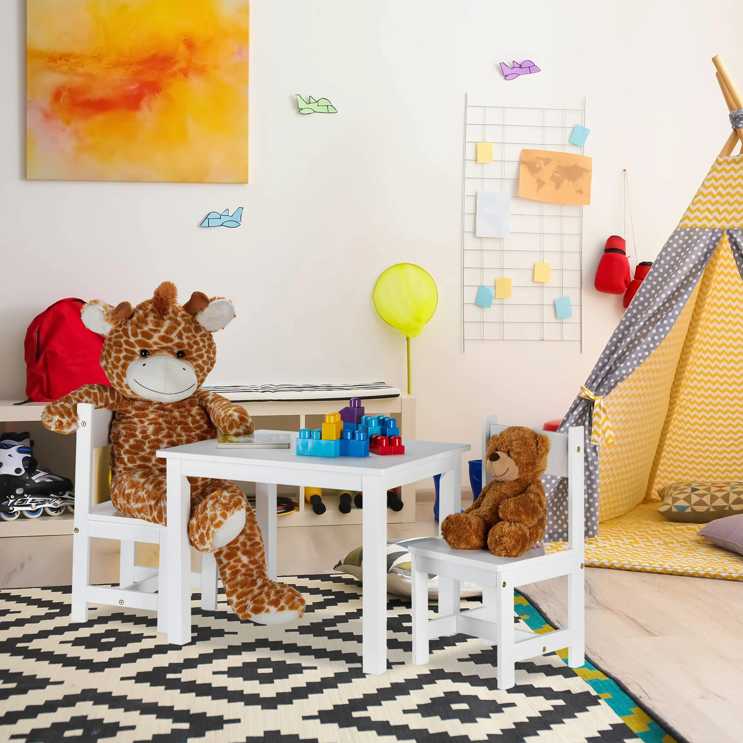 Relaxdays Set Tavolino e Sedie, Tavolo con 2 Sedioline per Bambini, Moderno, Cameretta, Interno, in Legno MDF, Bianco