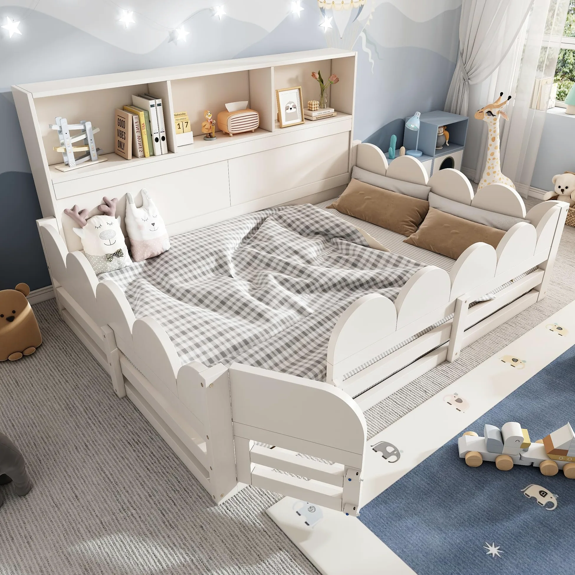 Montessori Letto a Terra per Bambini 140x200cm con Mensola, Protezione Anticaduta e Sportello, Letto Piazza e Mezza per Bambini, Strutture letto in legno di Pino per Cameretta ragazzi (Senza Materasso