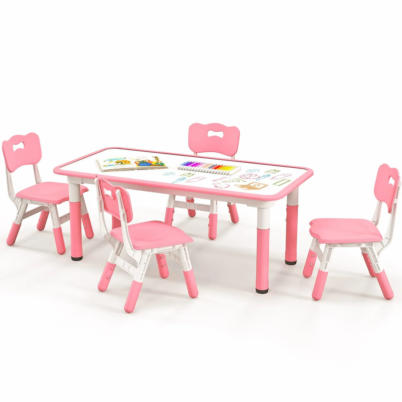 COSTWAY Set Tavolo e 4 Seide per Bambini, Scrivania Regolabile in Altezza con Piano Graffiti, Gambe Antiscivolo, Mobile Multifuzione con 4 Posti per Cameretta, Asilo e Scuola (Rosa)