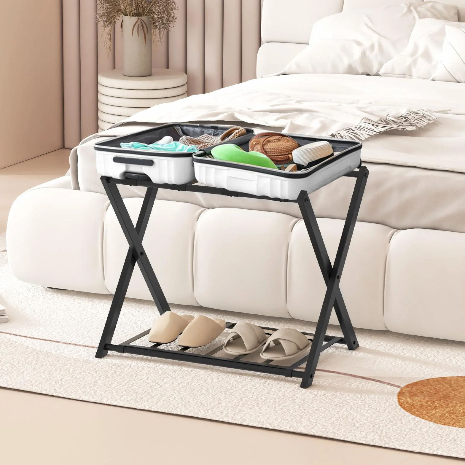 COSTWAY Portavaligie Pieghevole 2 Ripiani, Cavalletto da Valigie w Metal, 68 x 43 x 56 cm, Nero