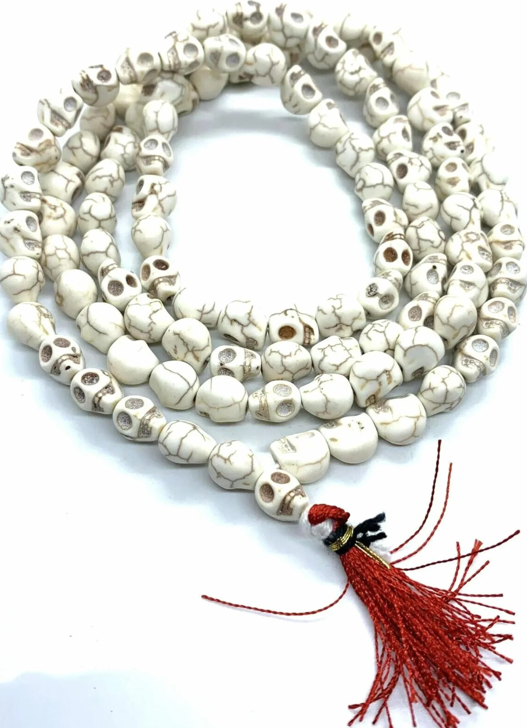 Collana Mala con Teschio d'osso Tibetano Buddista da 108 Perle di Preghiera, Perlina di Preghiera da 10x12 mm
