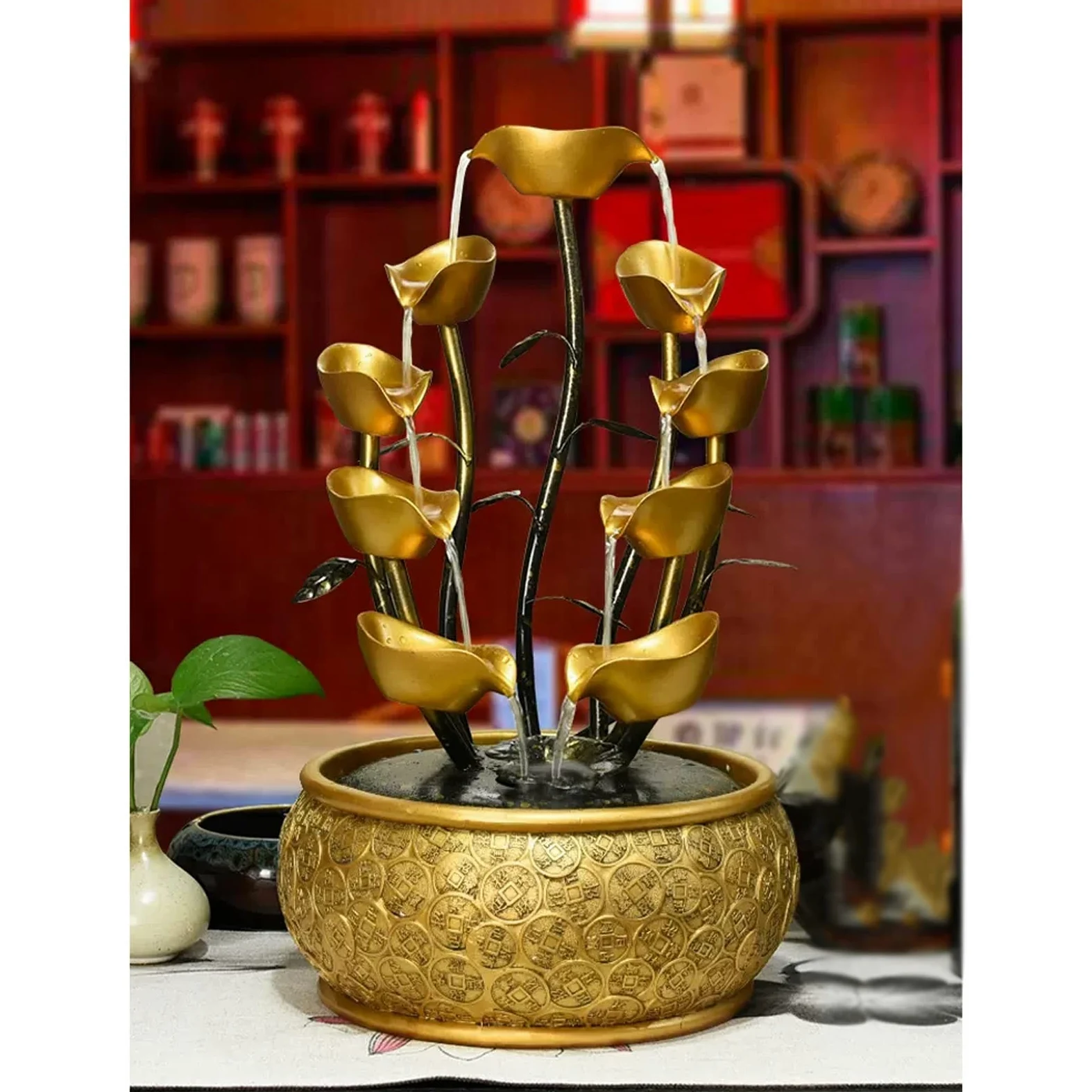 Fontana da tavolo Fontana da scrivania Fontana da scrivania con acqua corrente creativa con motivo a monete d'oro e base decorativa e fontana da tavolo con pompa Fontana da tavolo per interni(S)
