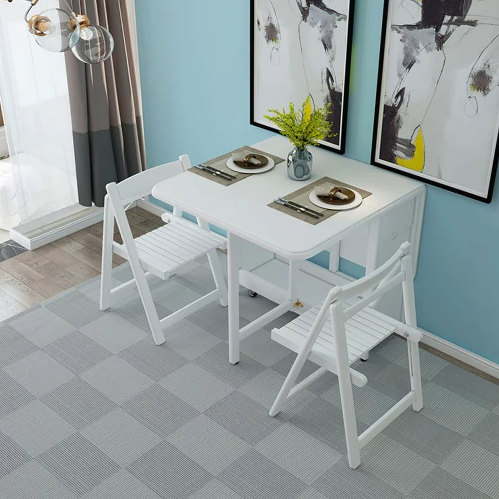 Tavolo e sedia in legno massello, pieghevole, 1,3 m, tavolino con sedia, spazio di archiviazione (1,3 x 0,9 m), tavolo + sedia x 4,bianco)