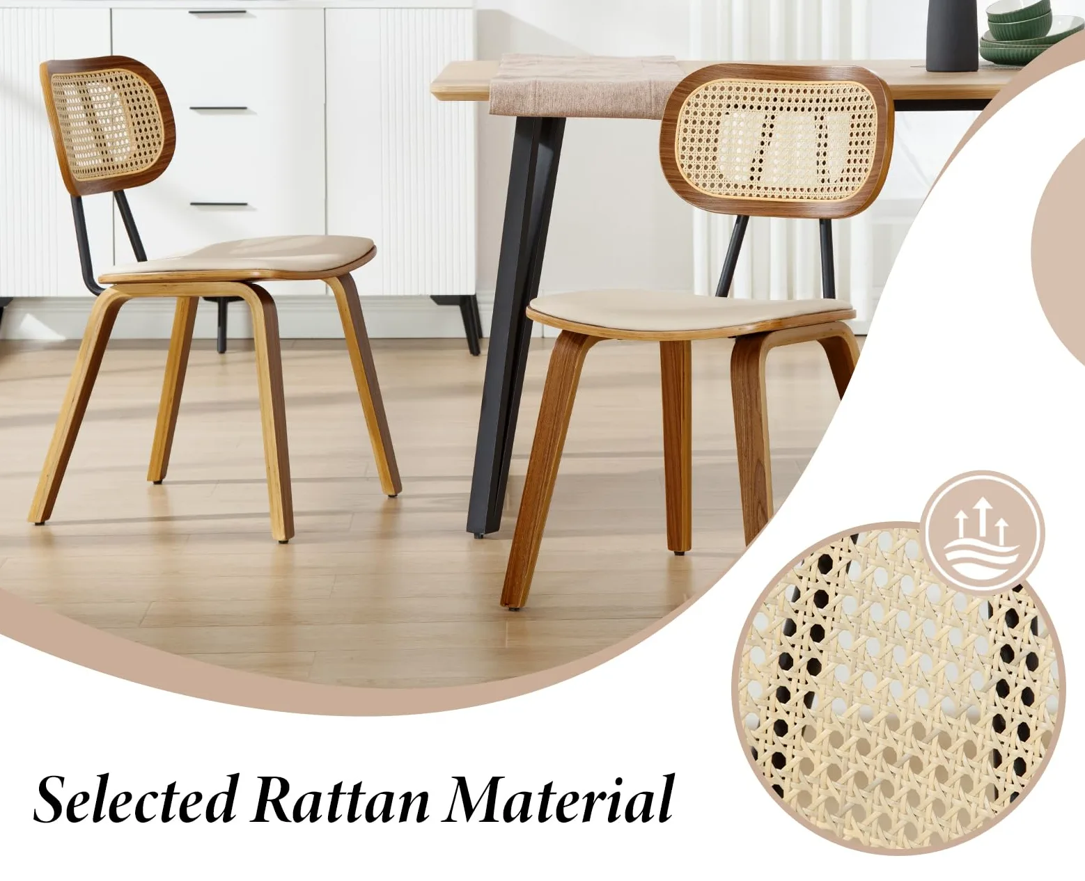 Ya-Home Set di 2 Sedie da Pranzo in Rattan Sedie da Cucina con Cuscino in Ecopelle Sedia da Salotto Imbottite con Gambe in Legno Design Retrò per Sala da Pranzo/Soggiorno