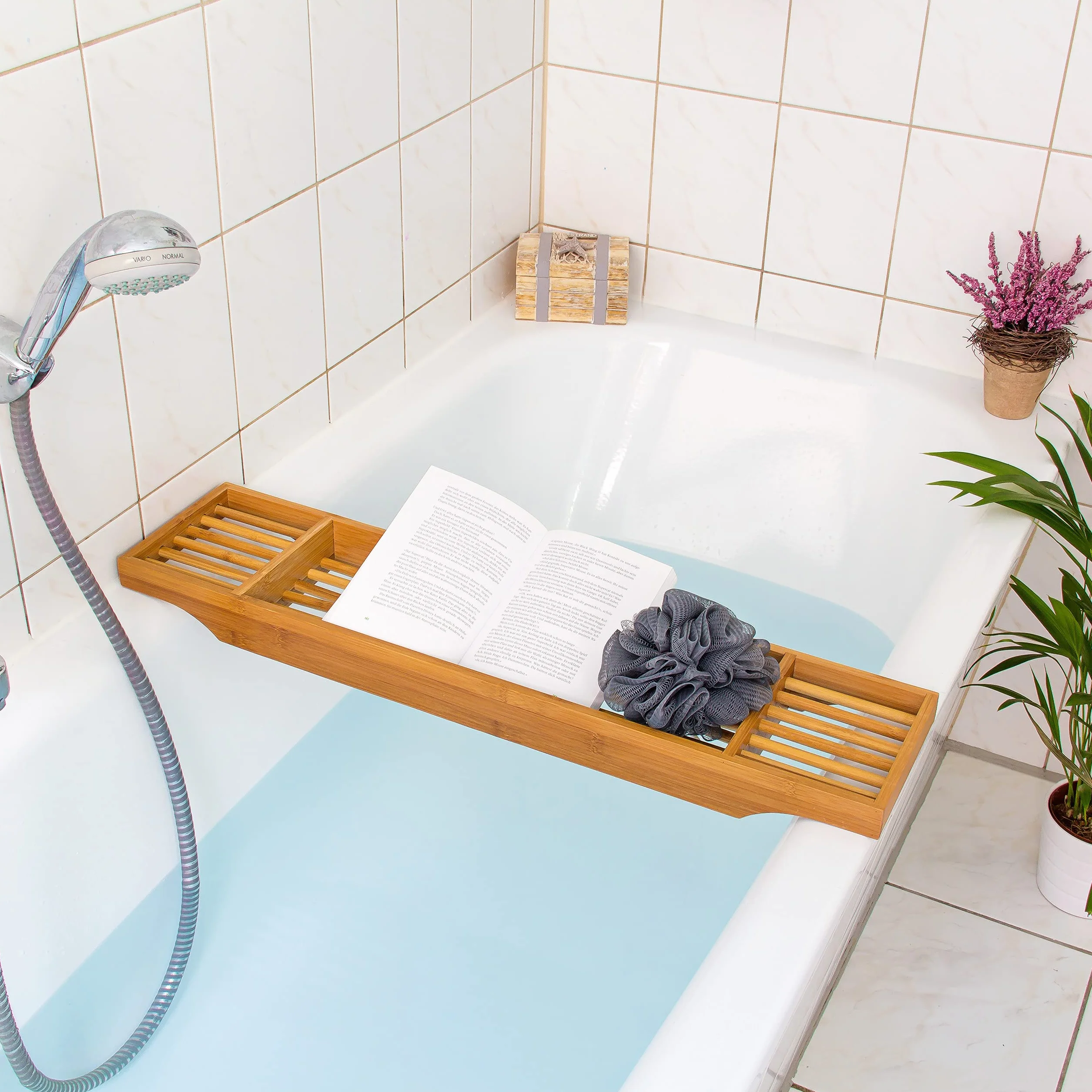 Relaxdays Mensola per Vasca da Bagno in bambù, HLP: 5,5 x 70 x 16,5 cm, 3 Scomparti, Porta-Saponetta, Legno Naturale