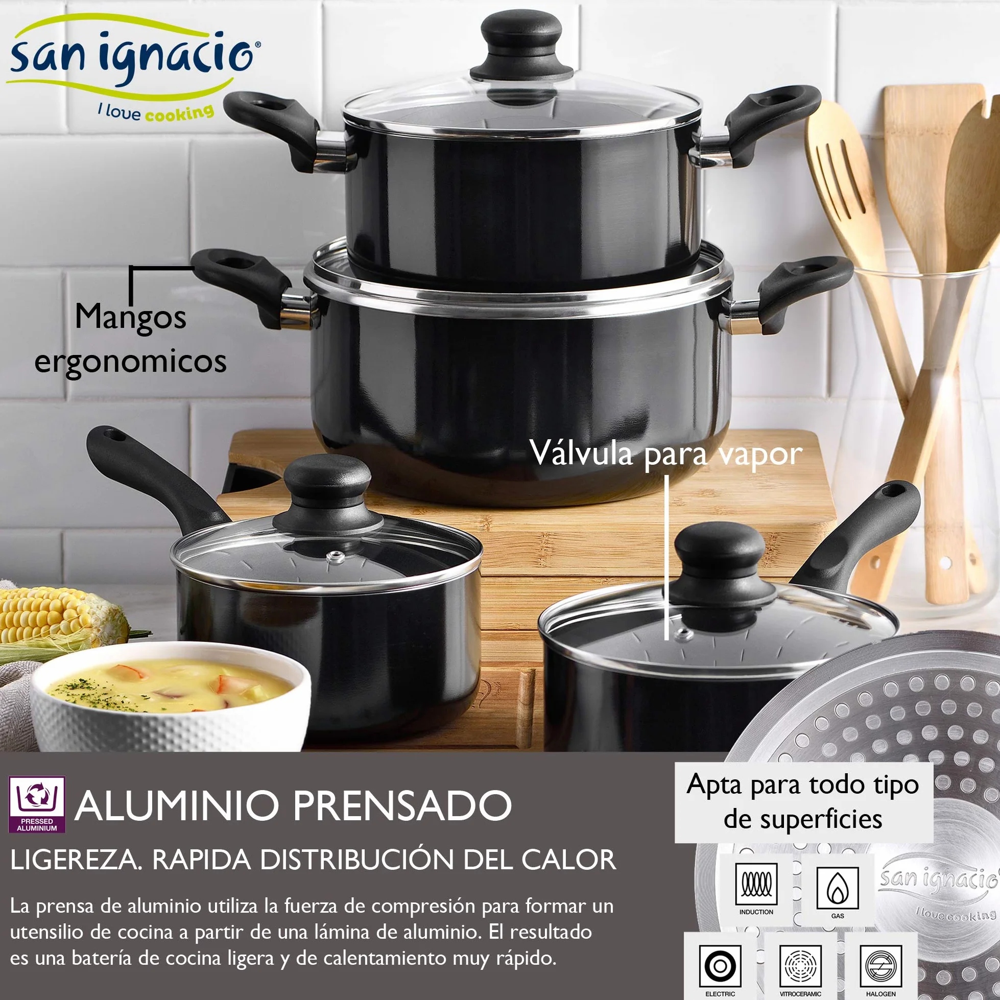 Set di pentole in alluminio pressofuso + set di 4 pezzi di utensili da cucina